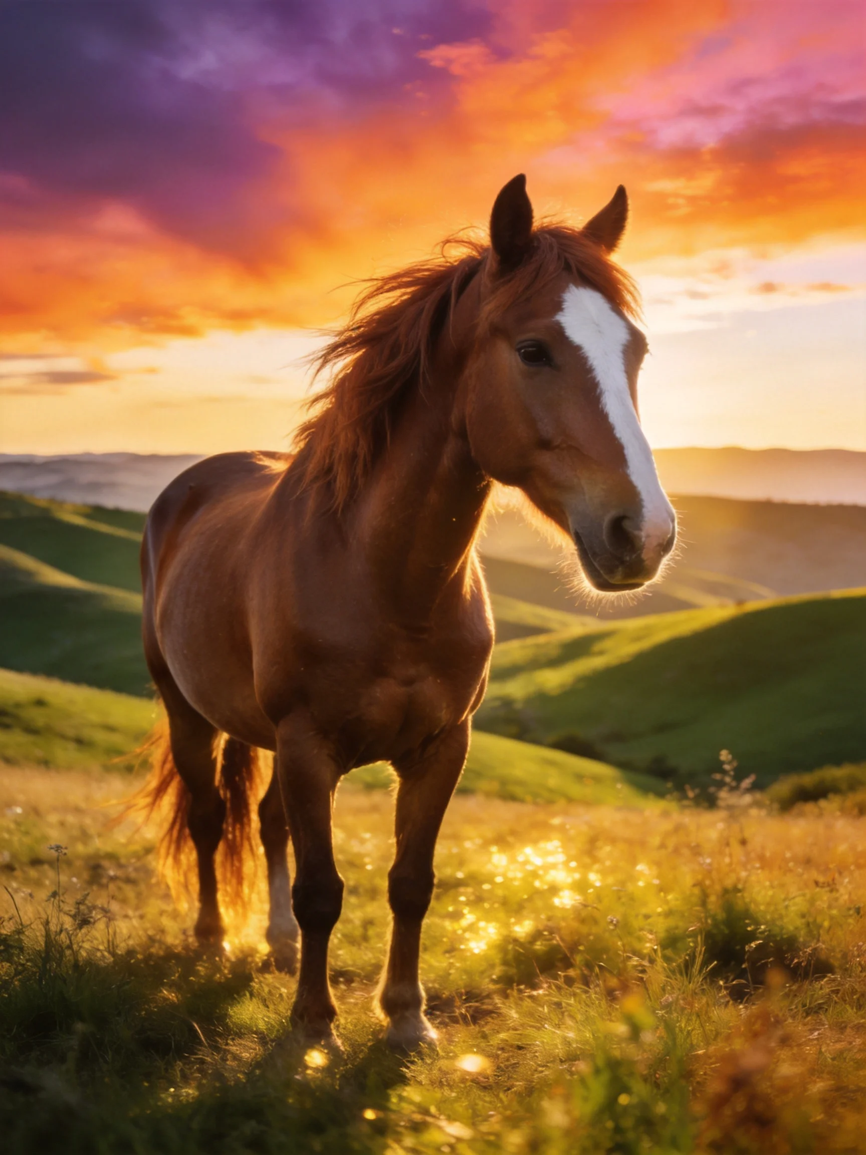 A chestnut horse with a white blaze stands among rolling green hills under a vibrant sunset sky