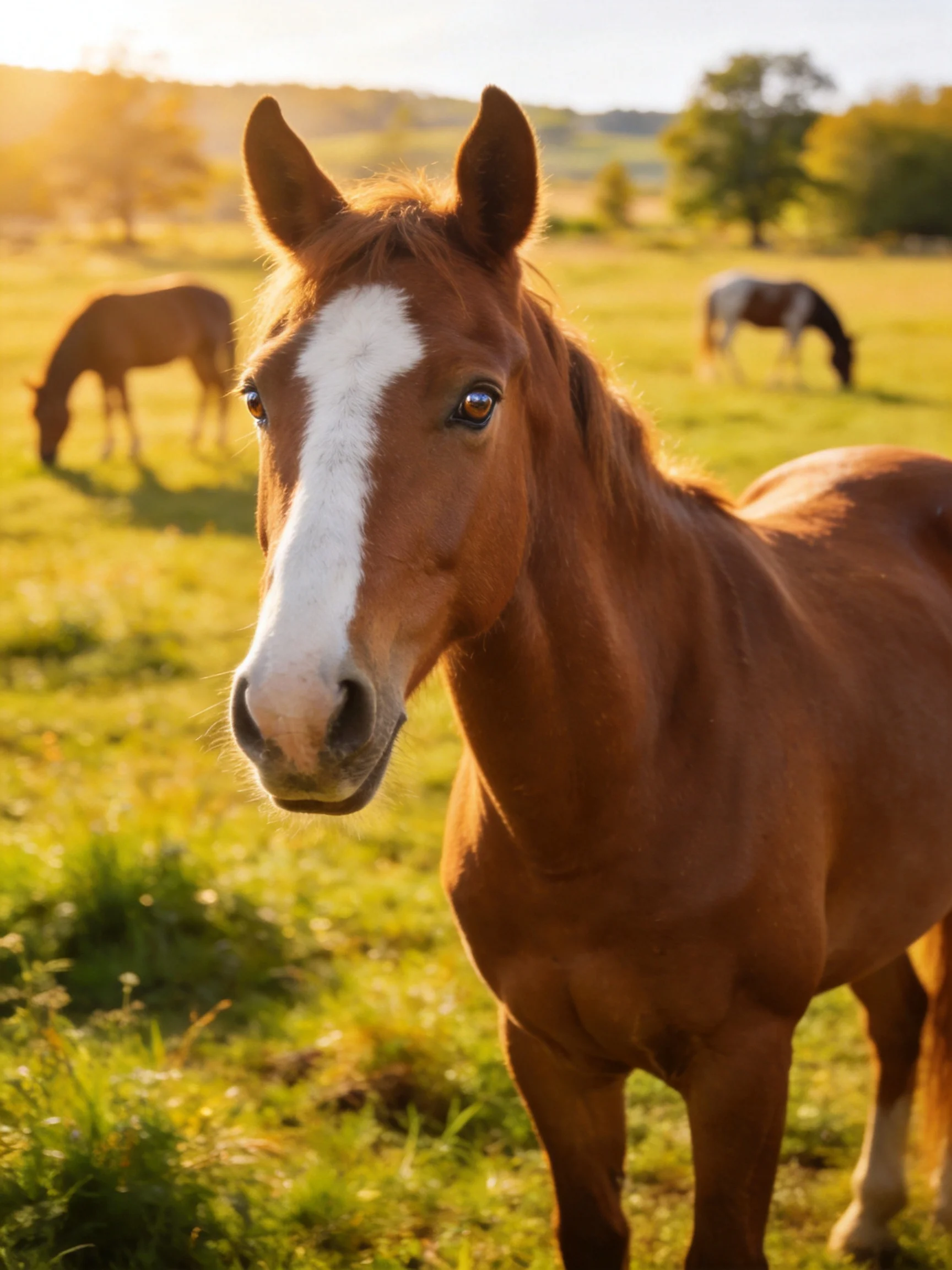 A chestnut horse with a white blaze stands among three horses in a sunlit pasture