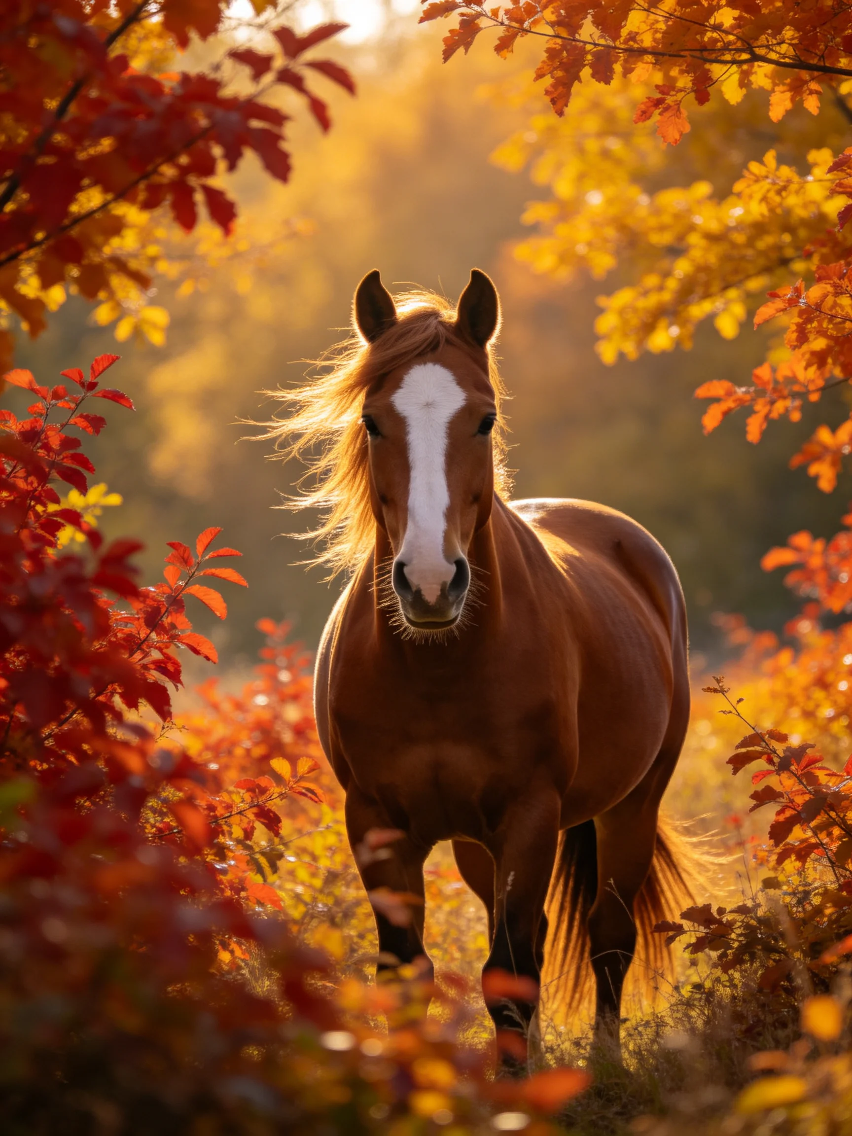 A chestnut horse with a white blaze stands among vibrant autumn foliage under golden sunlight