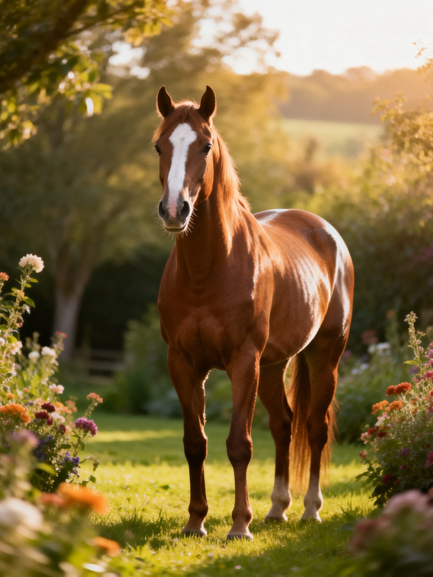 A chestnut horse with a white blaze stands among vibrant flowers and lush greenery
