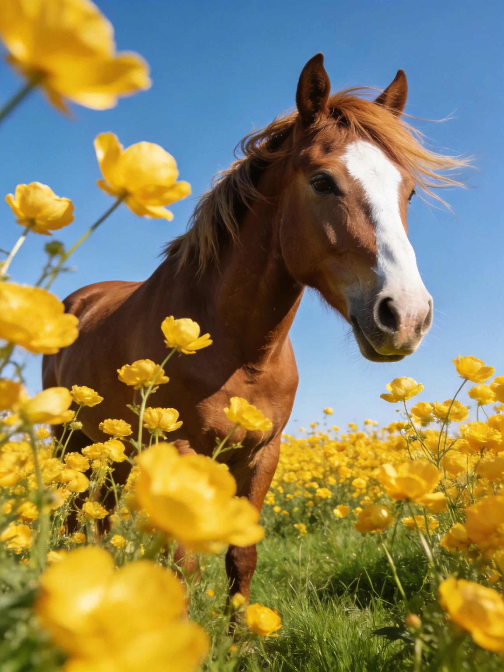 A chestnut horse with a white blaze stands among vibrant yellow flowers under a clear blue sky