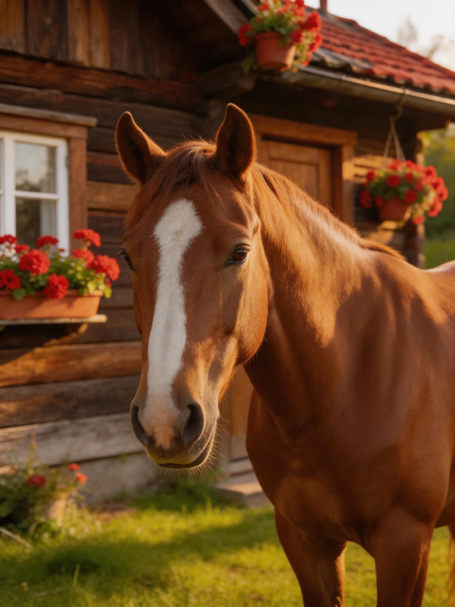 A chestnut horse stands near a rustic log cabin decorated with red flowers.