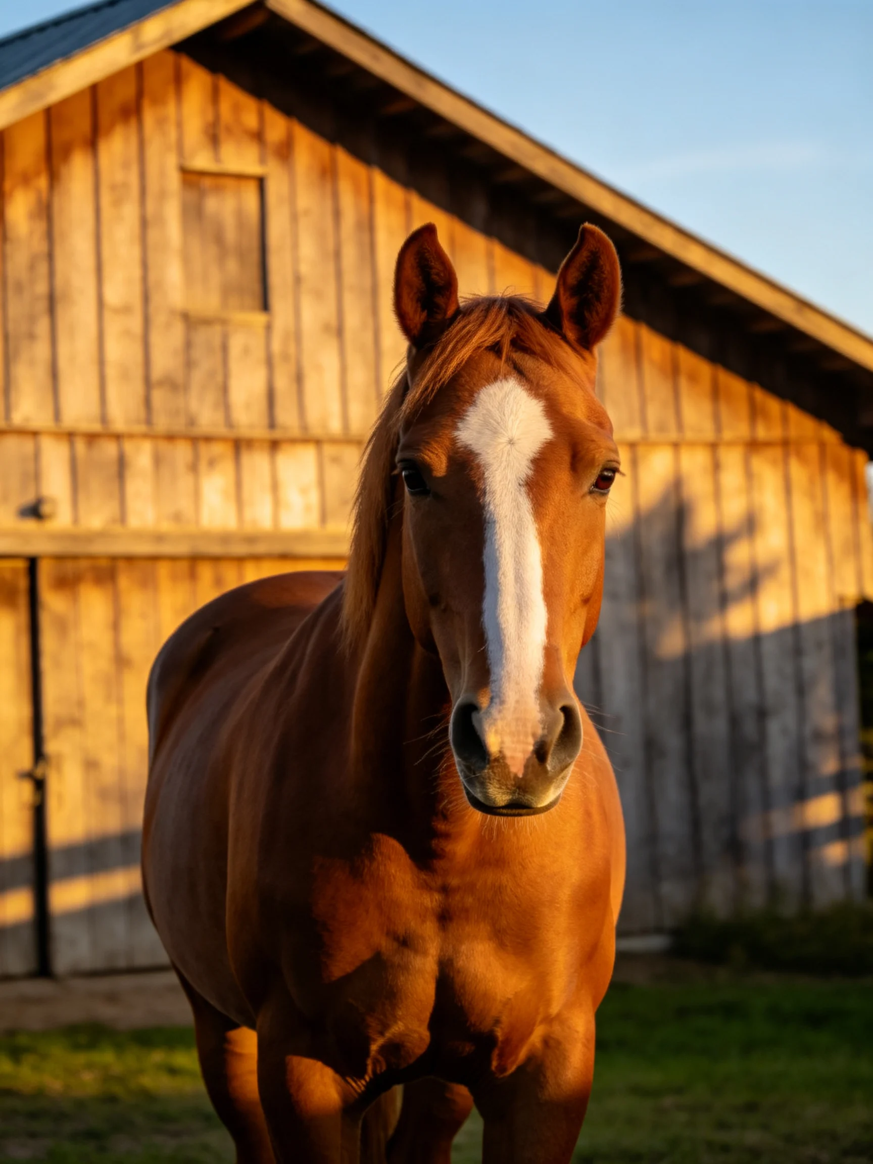 A chestnut horse with a white blaze stands near a weathered wooden barn