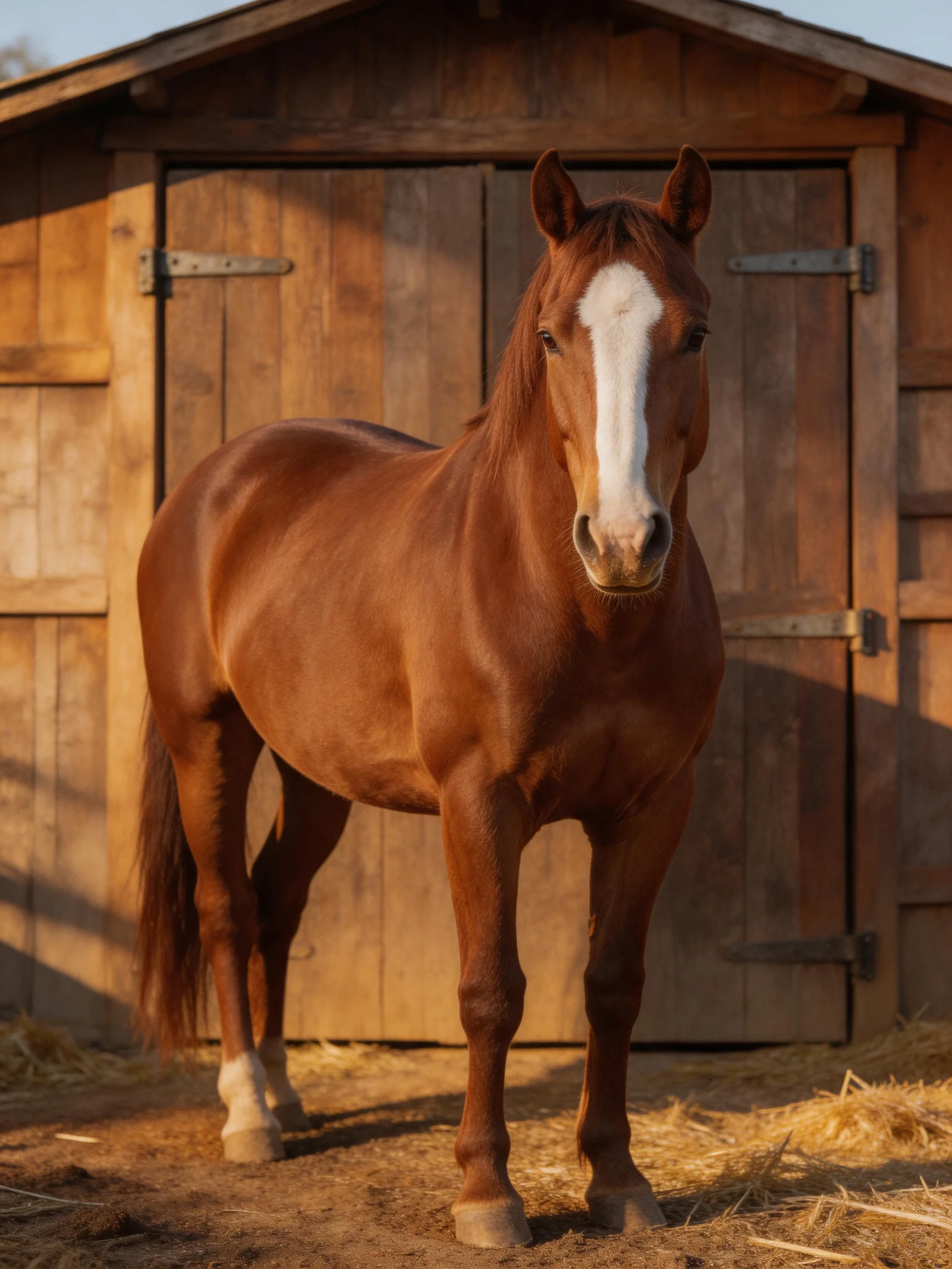 A chestnut horse with a white blaze stands near a rustic wooden barn