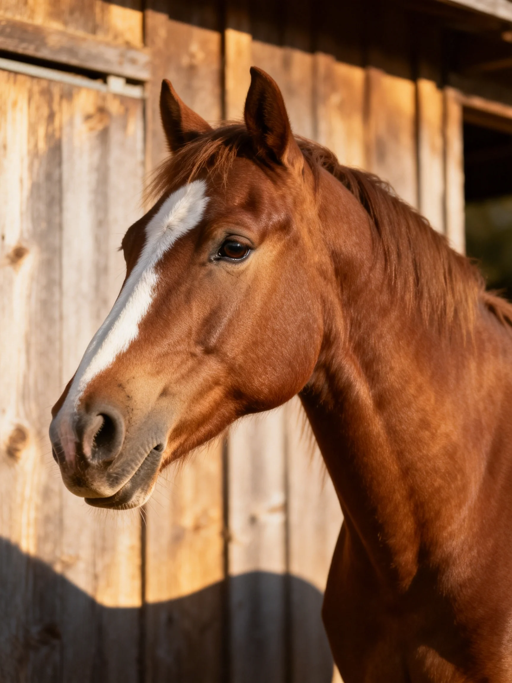 A chestnut horse with a white blaze stands before an aged wooden barn