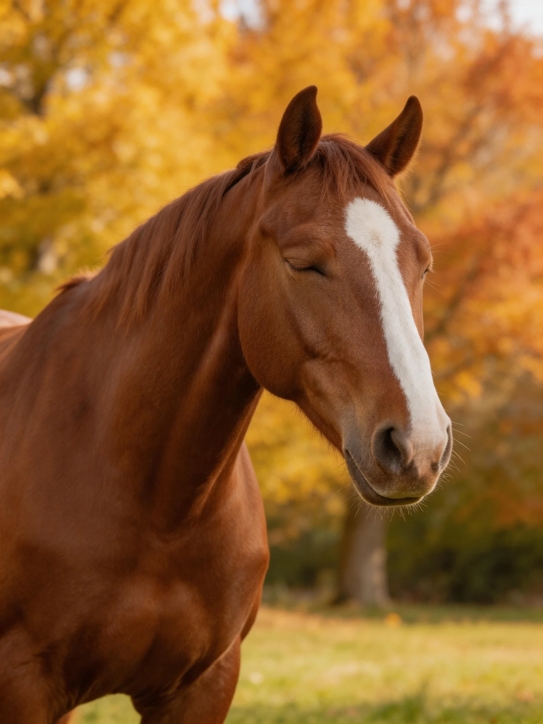 A chestnut horse with a white blaze stands before golden autumn foliage