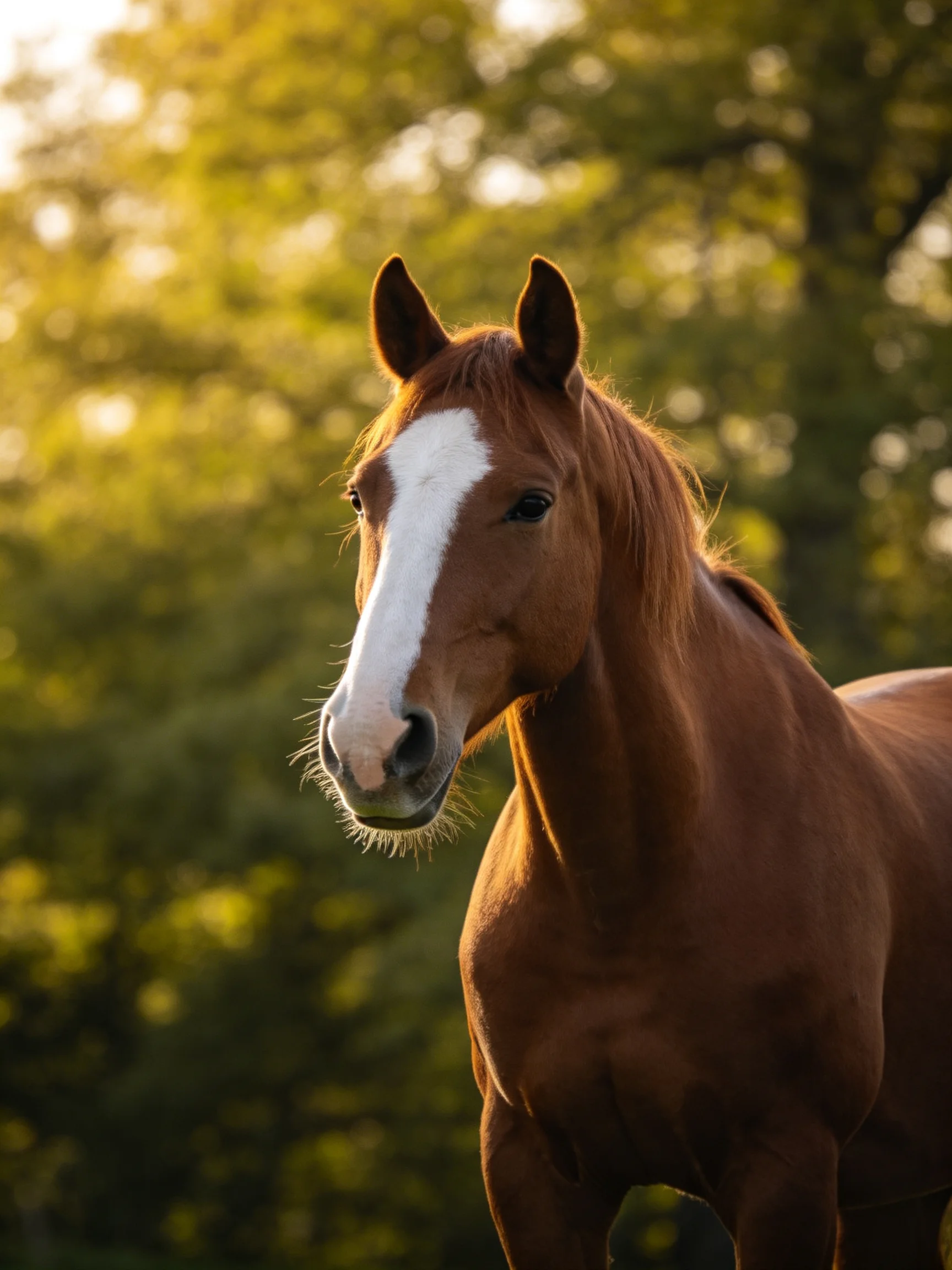 A chestnut horse with a white blaze stands among sunlit trees