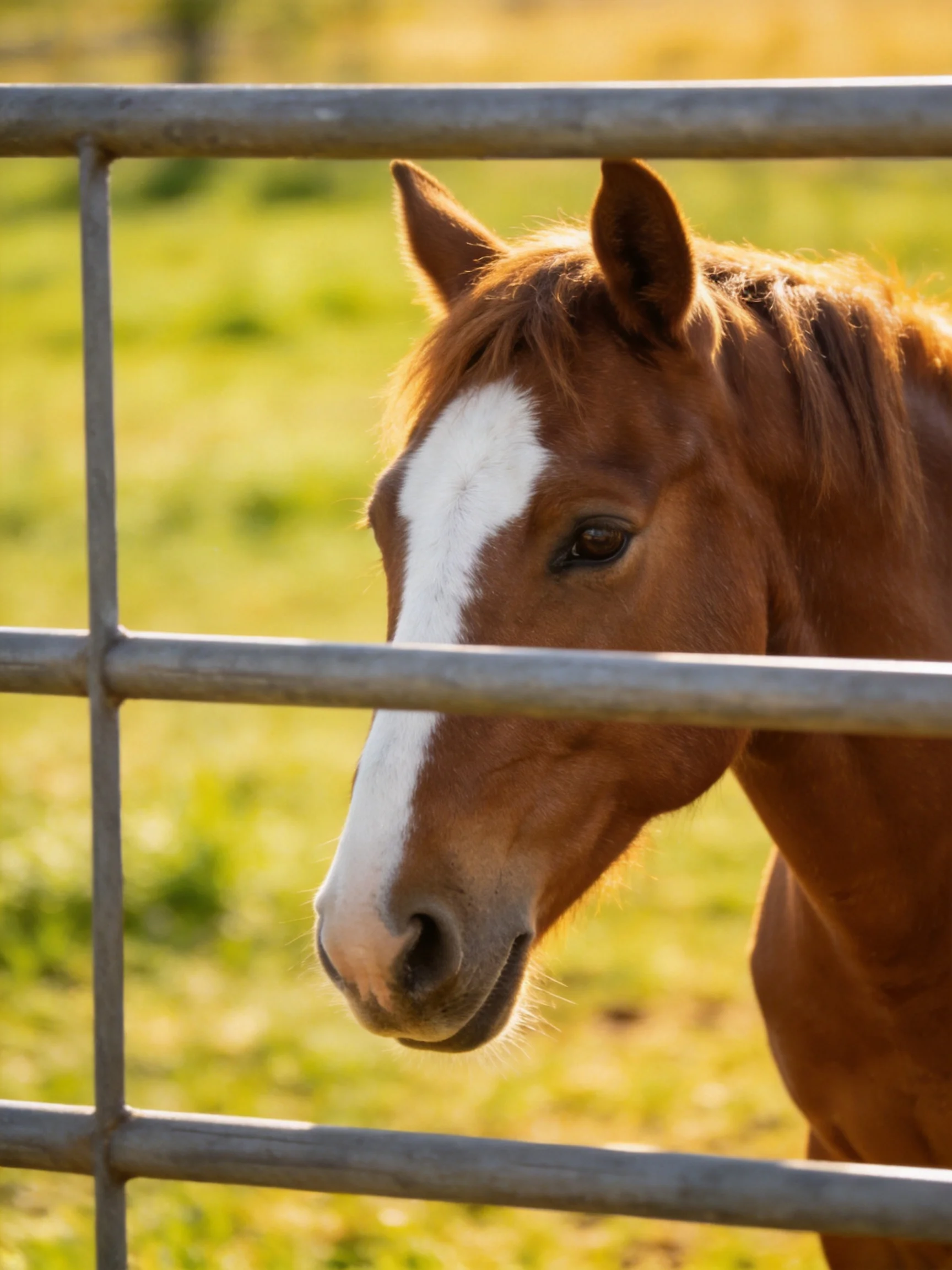 A chestnut horse with a white blaze is near a metal fence in a sunlit setting.