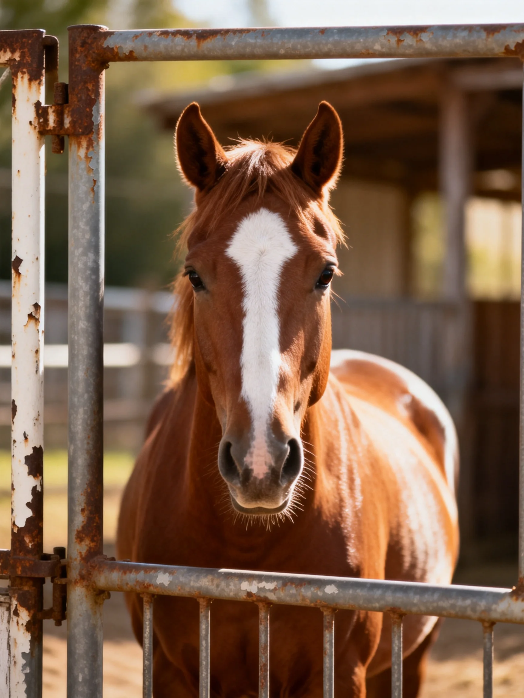 A chestnut horse with a white blaze stands behind a rusted metal gate
