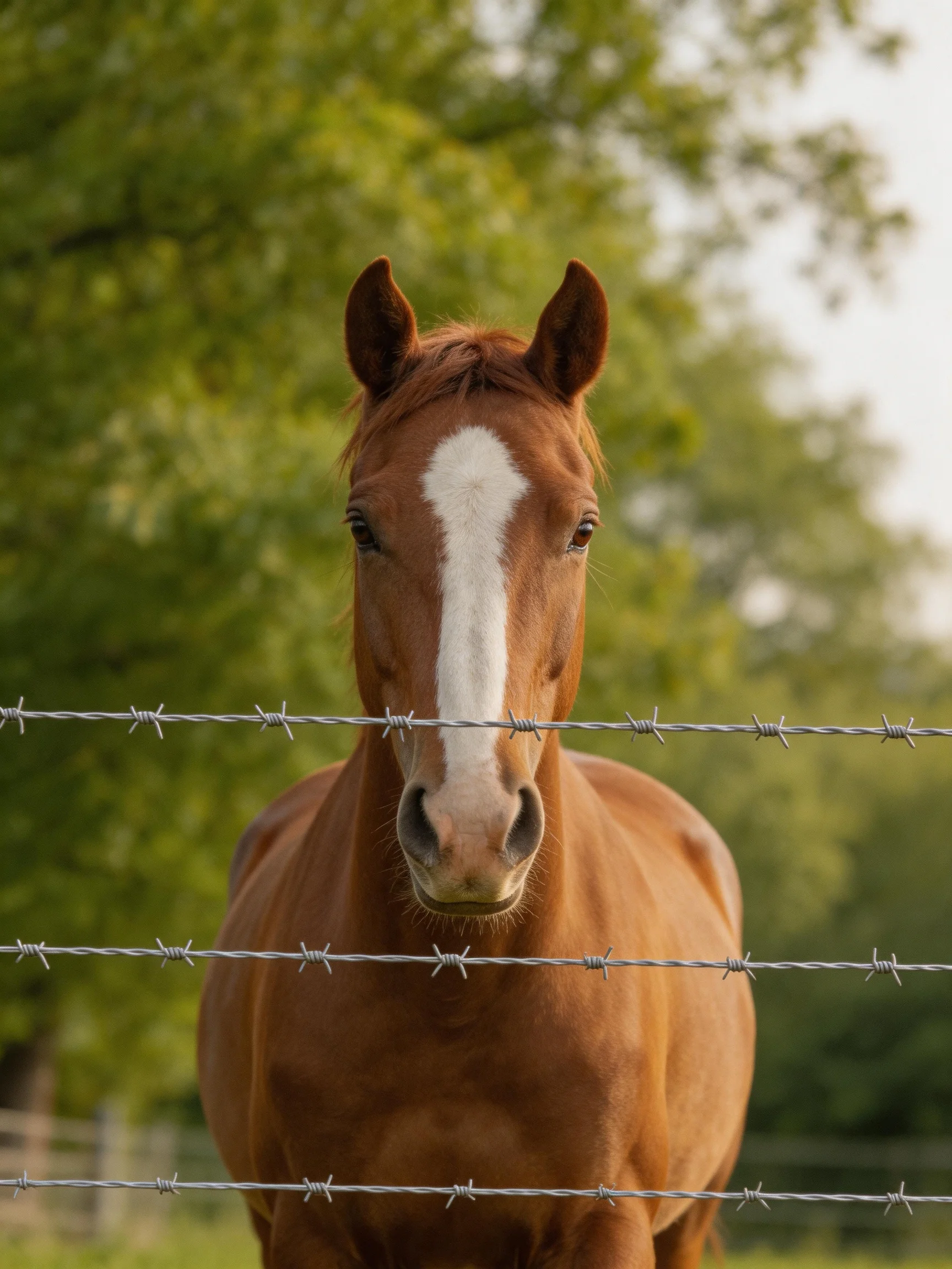 A chestnut horse with a white blaze stands behind barbed wire near lush green trees