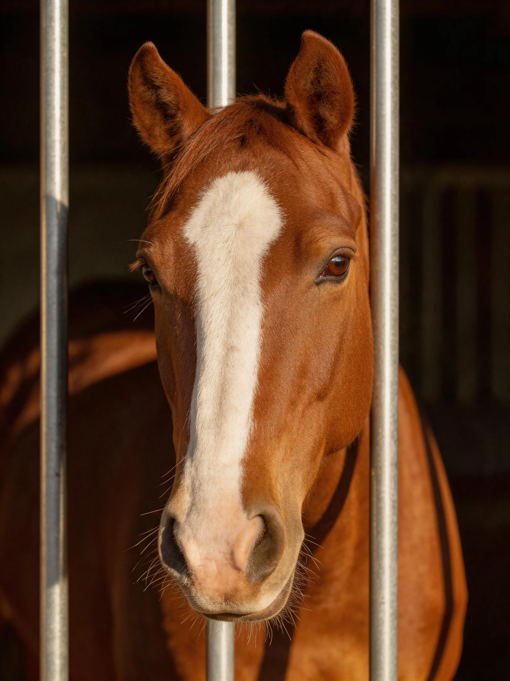 A chestnut horse with a white blaze is near metallic bars.