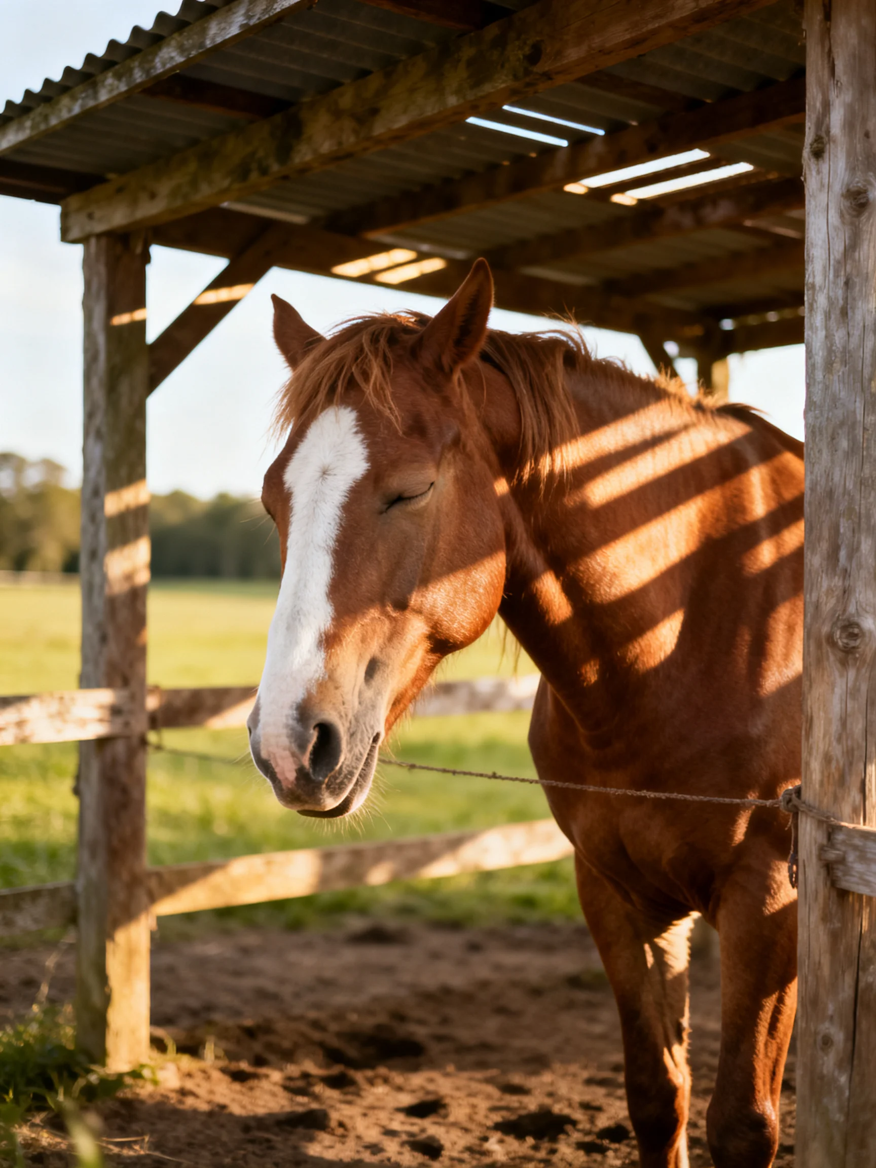 A chestnut horse with a white blaze stands beneath a rustic wooden shelter
