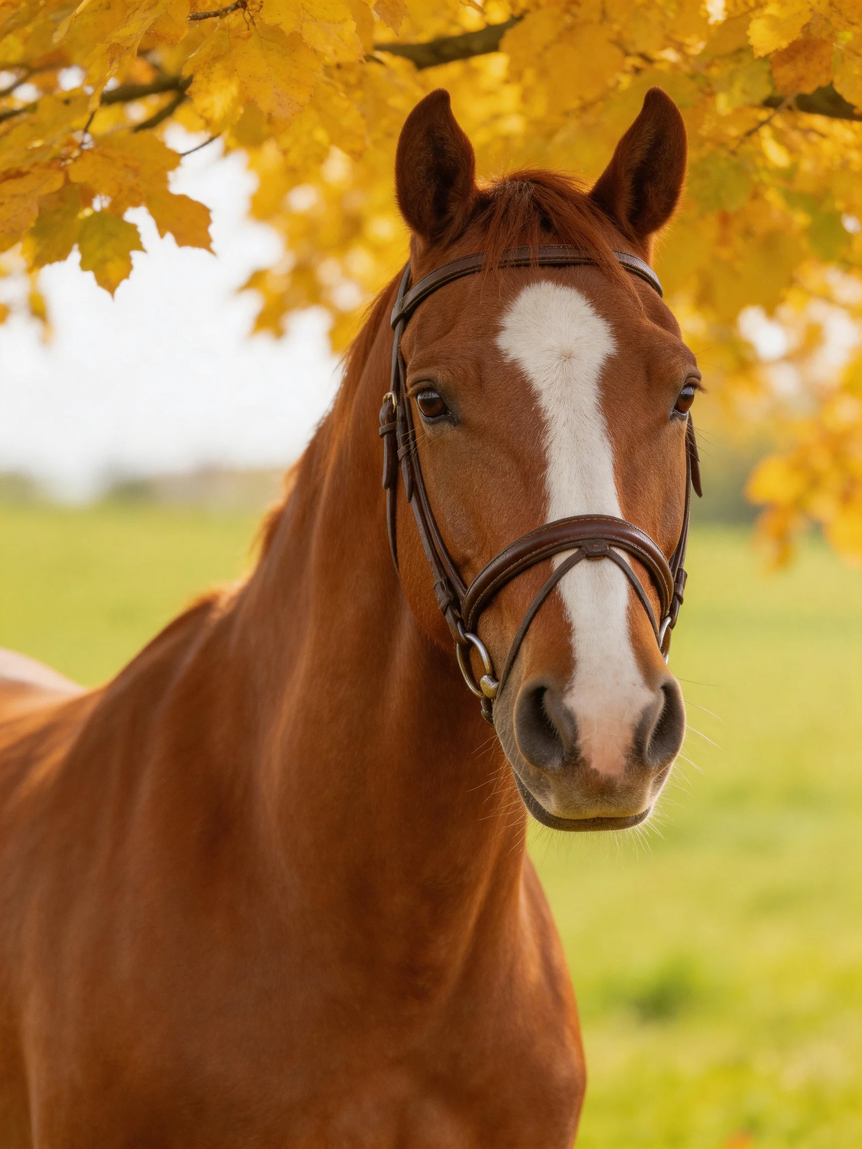 A chestnut horse with a white blaze stands beneath golden autumn foliage
