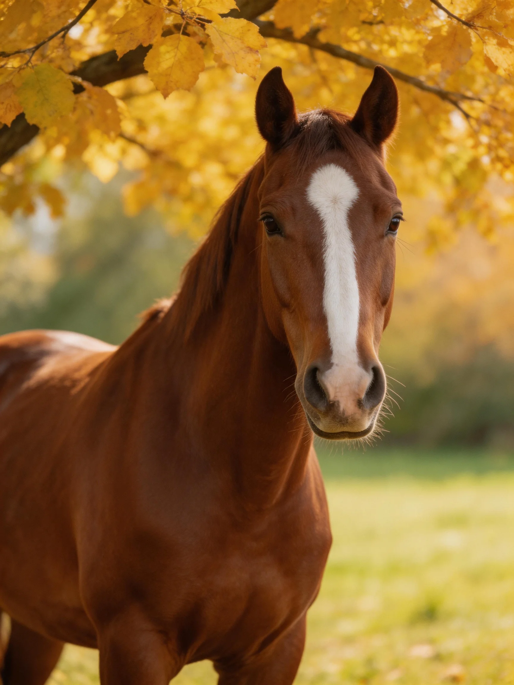 A chestnut horse with a white blaze stands beneath golden autumn leaves