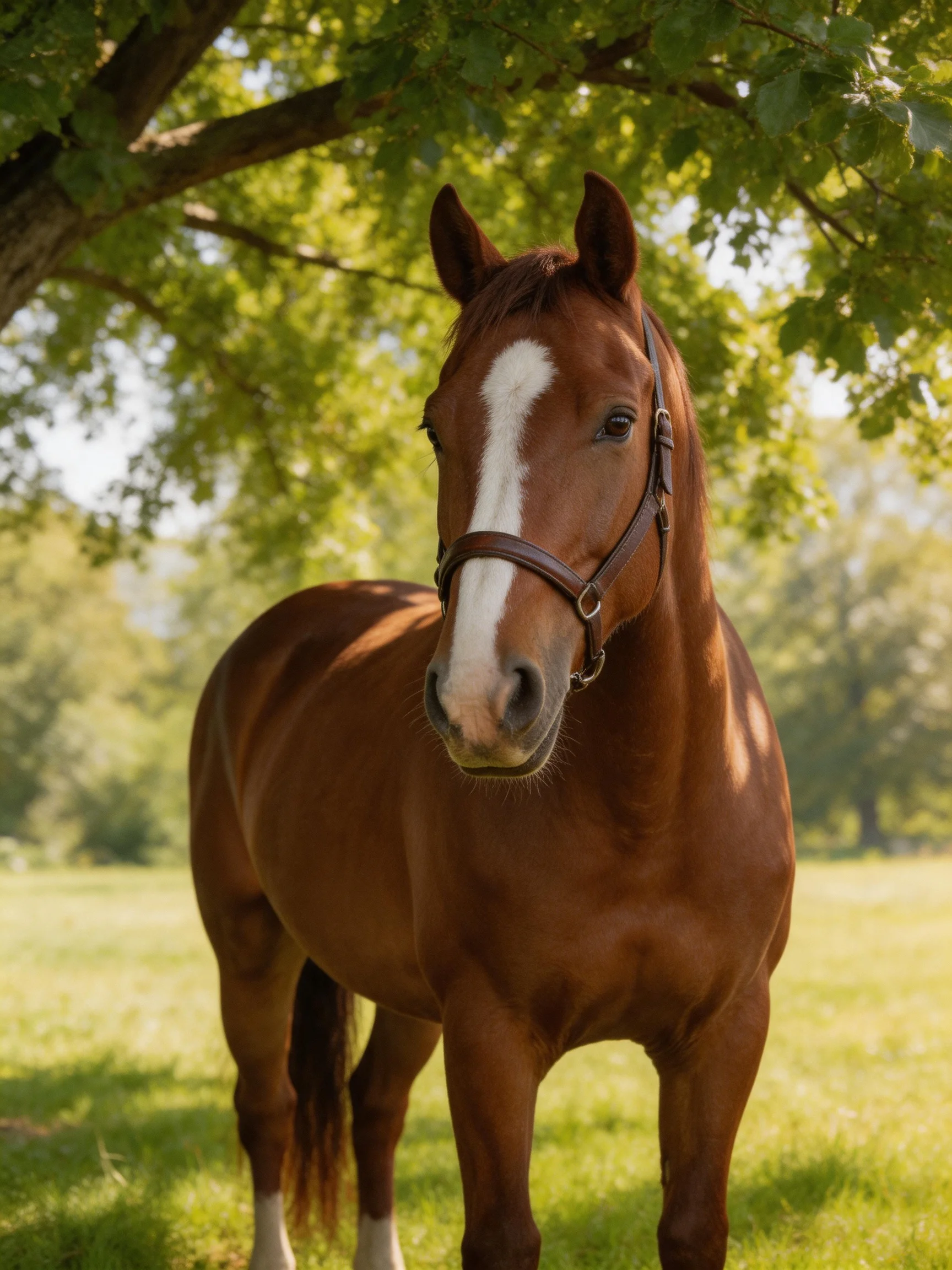 A chestnut horse with a white blaze stands beneath leafy trees