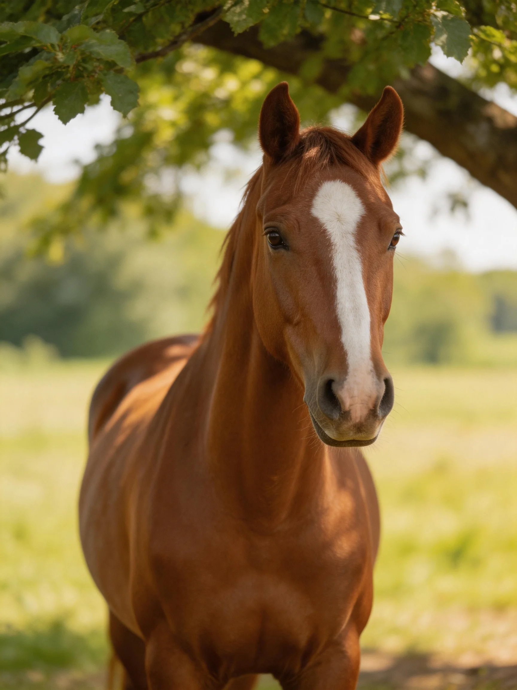 A chestnut horse with a white blaze stands beneath leafy trees