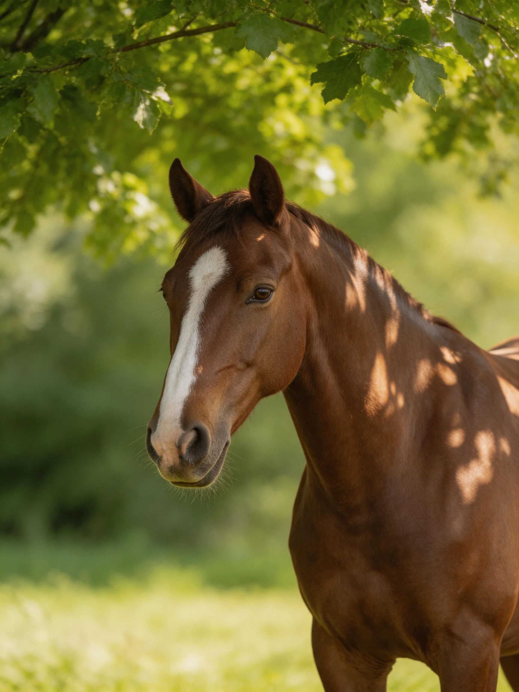 A chestnut horse with a white blaze stands in a sunlit, green natural setting.