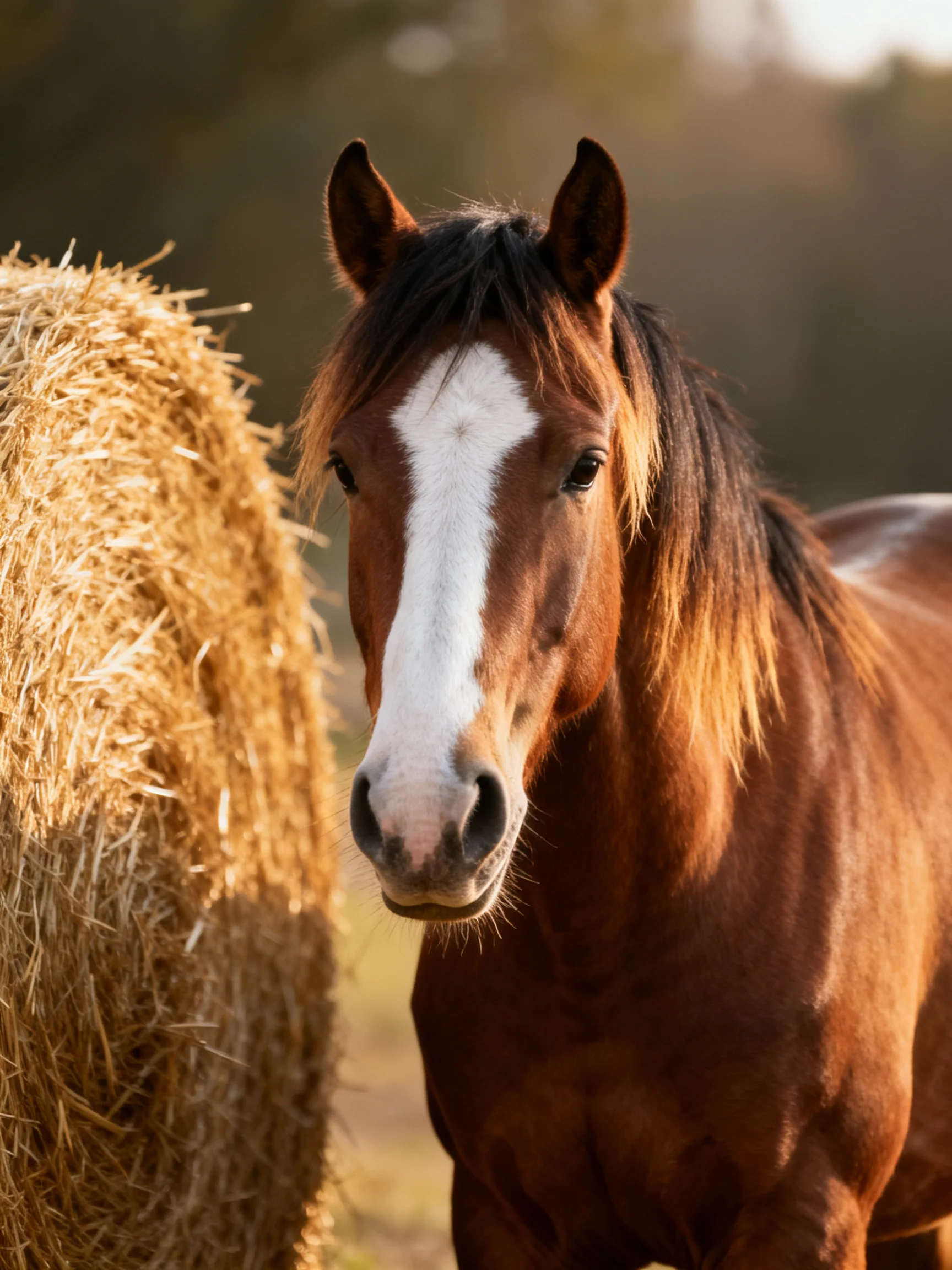 A chestnut horse with a white blaze stands beside a large round hay bale