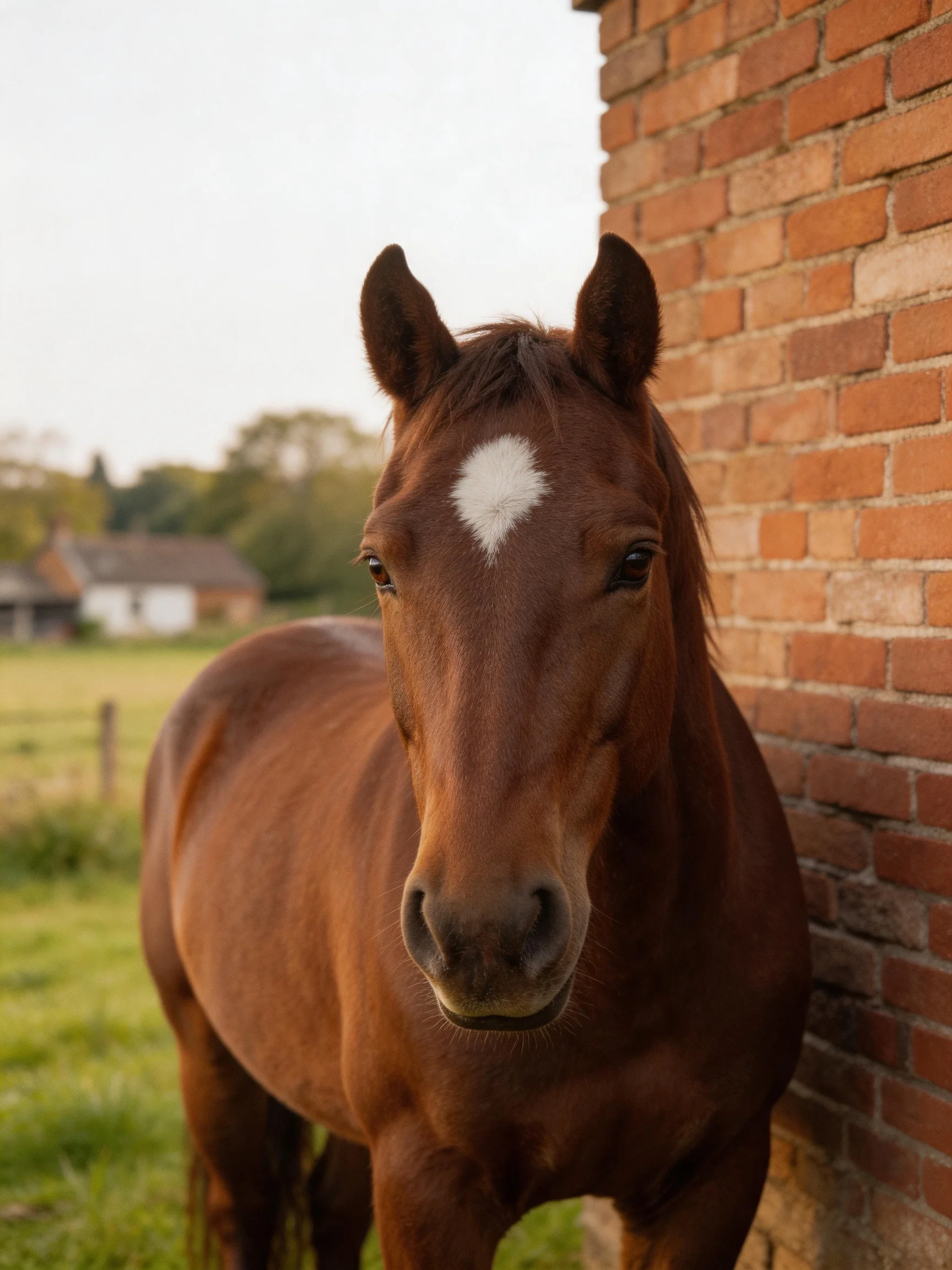 A chestnut horse with a white blaze stands beside a weathered brick wall