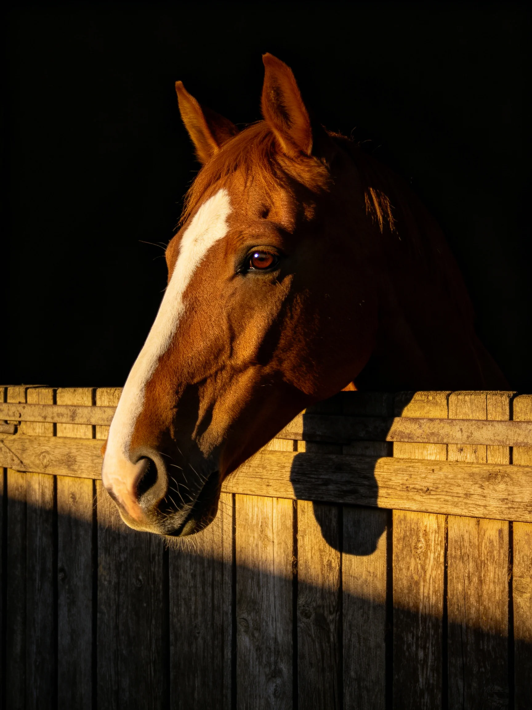 A chestnut horse with a white blaze observes from a wooden fence.