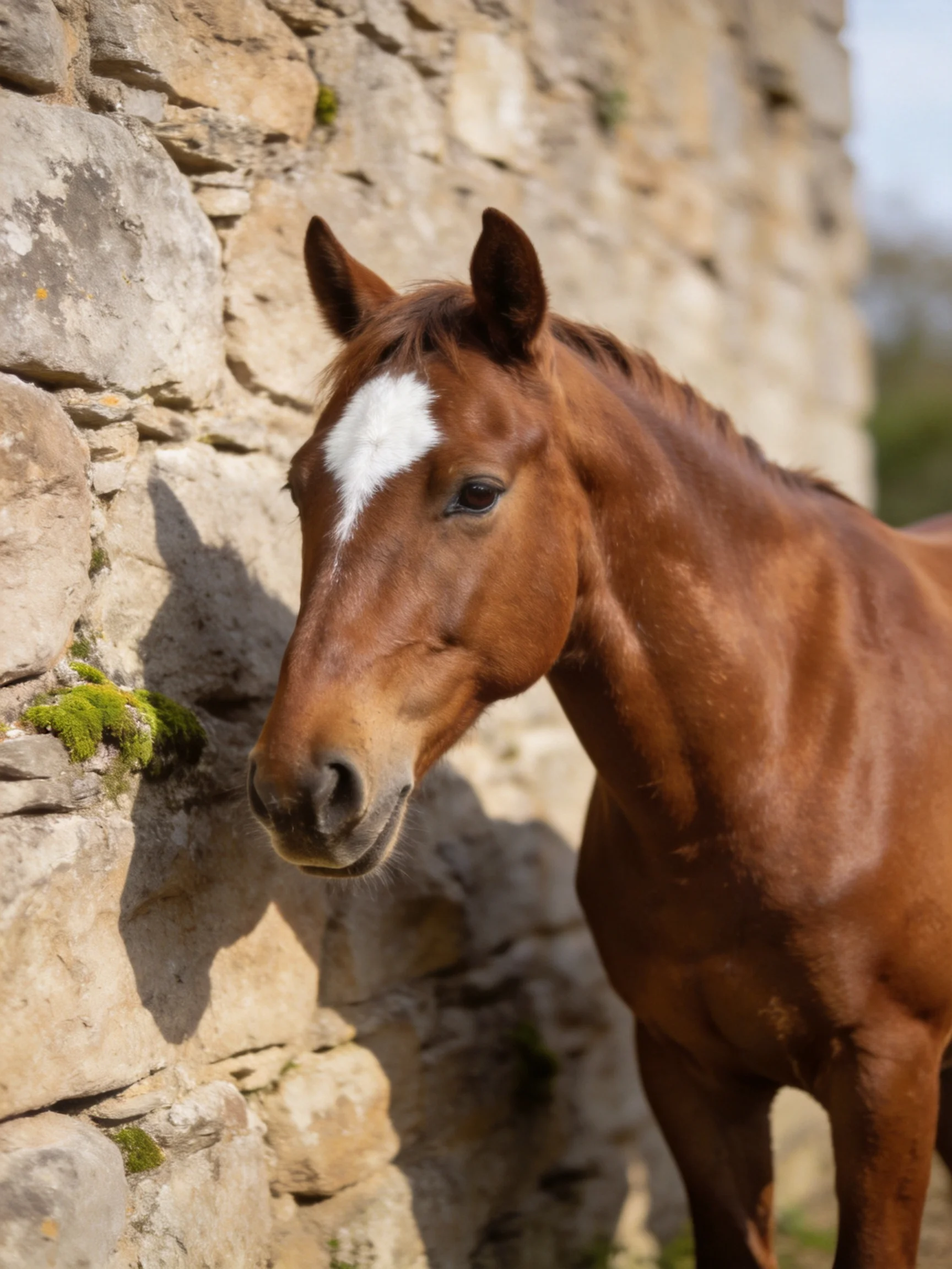 A chestnut horse with a white blaze is near an old stone wall.