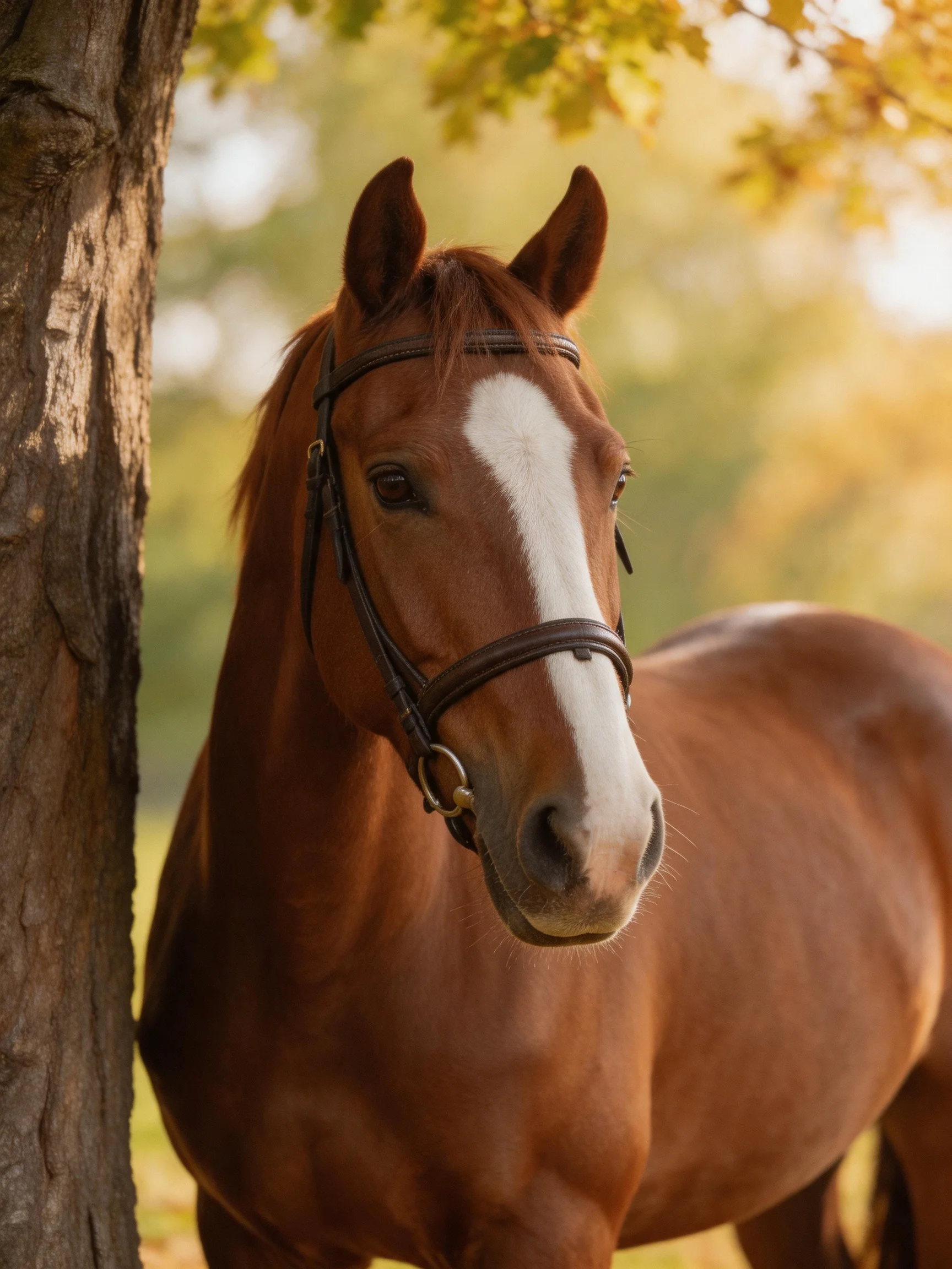 A chestnut horse with a white blaze stands beside an aged tree in golden light