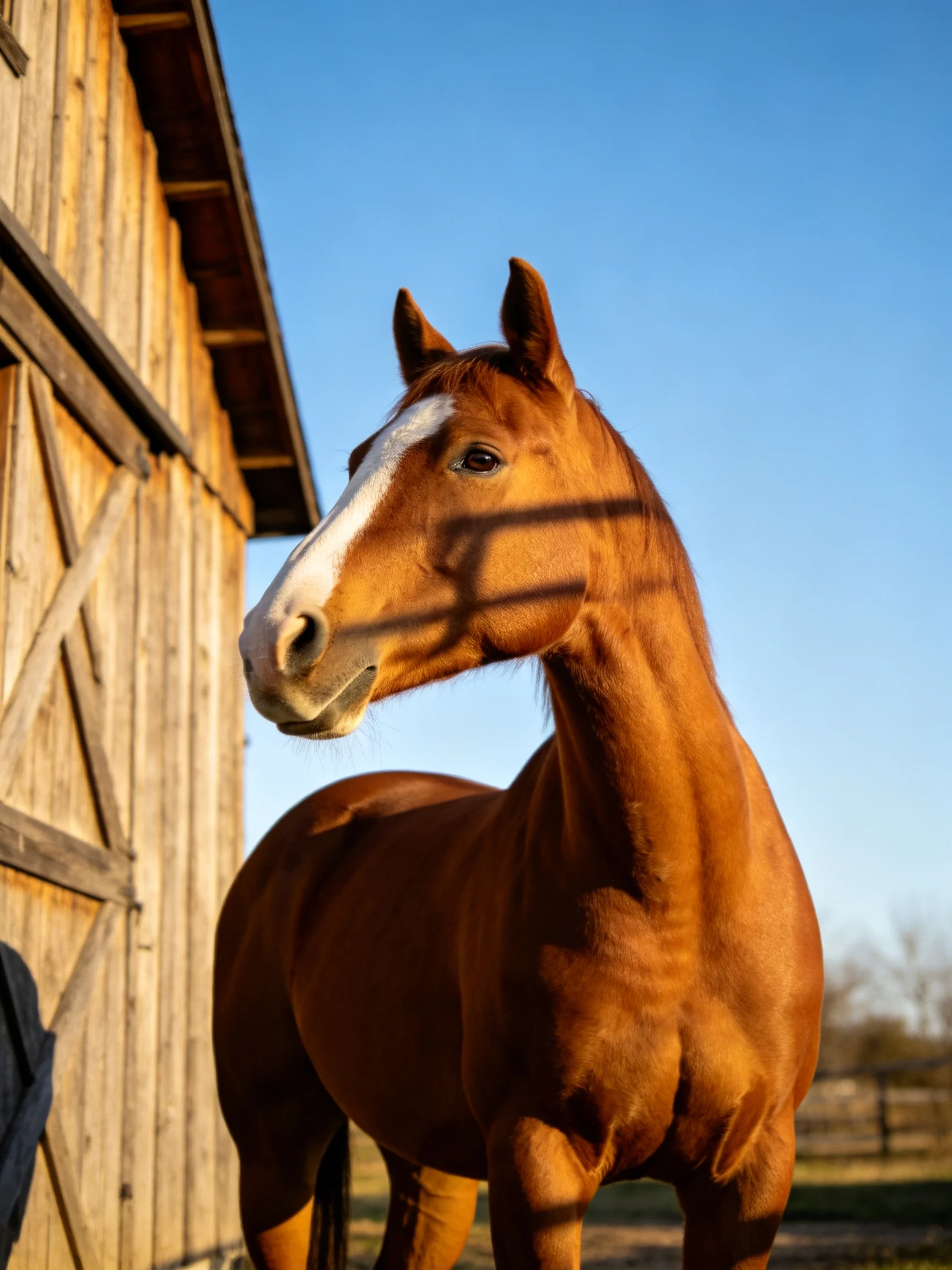A chestnut horse with a white blaze stands near an old wooden barn in bright daylight.