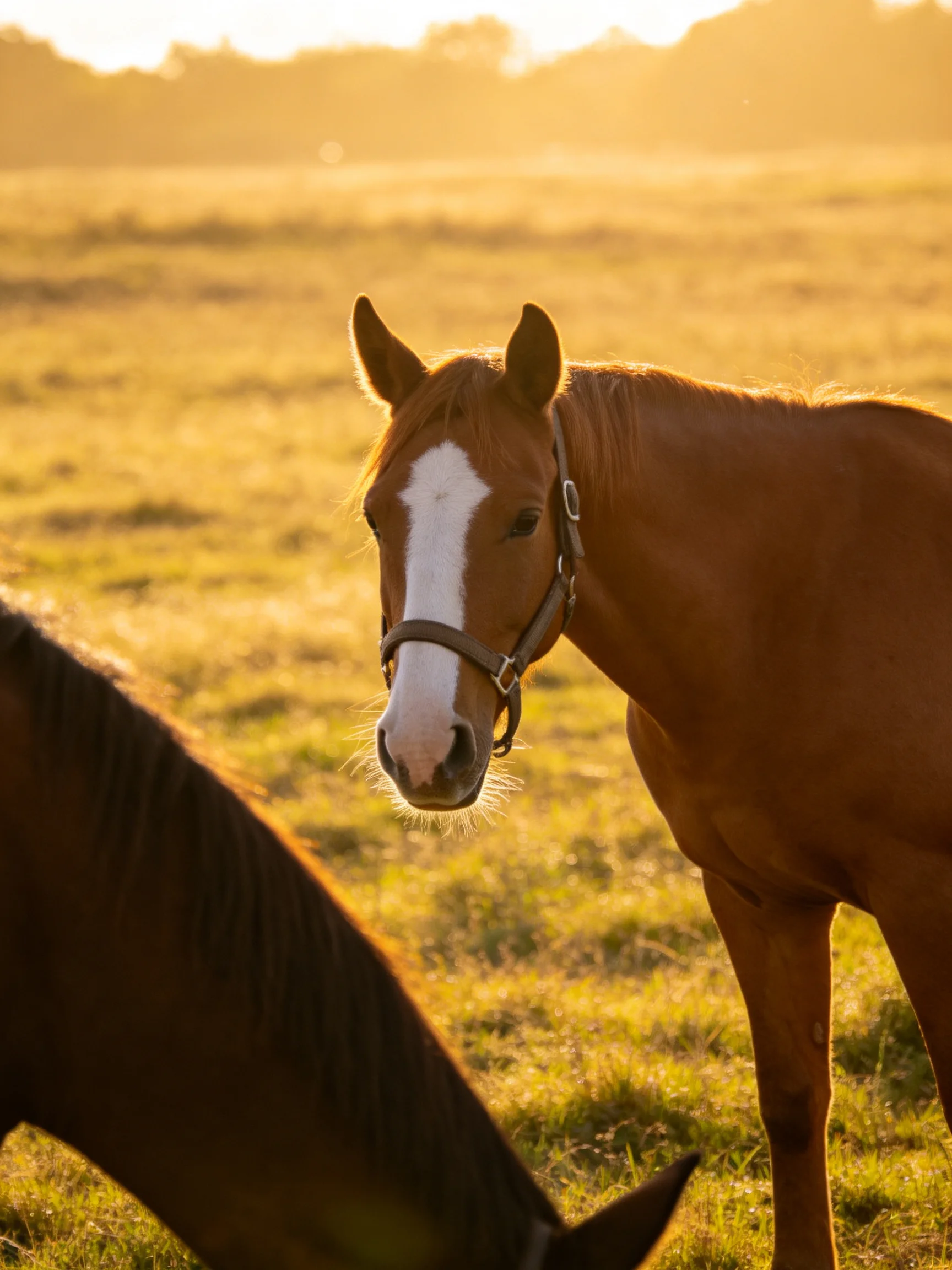 A chestnut horse with a white blaze stands near another horse in a sunlit meadow.