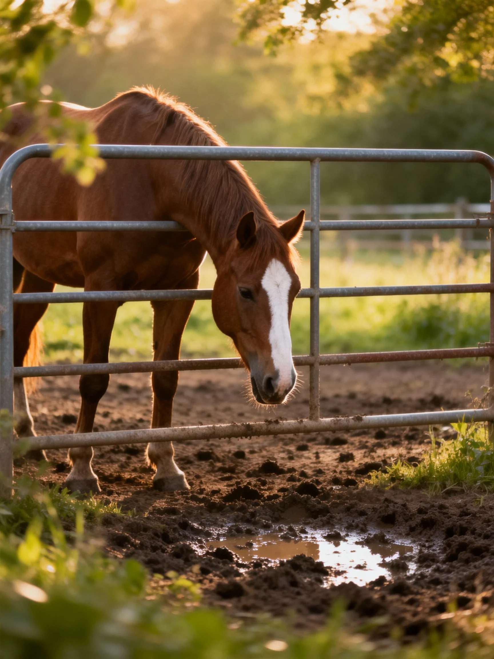A chestnut horse with a white blaze stands by a metal fence in a sunlit paddock