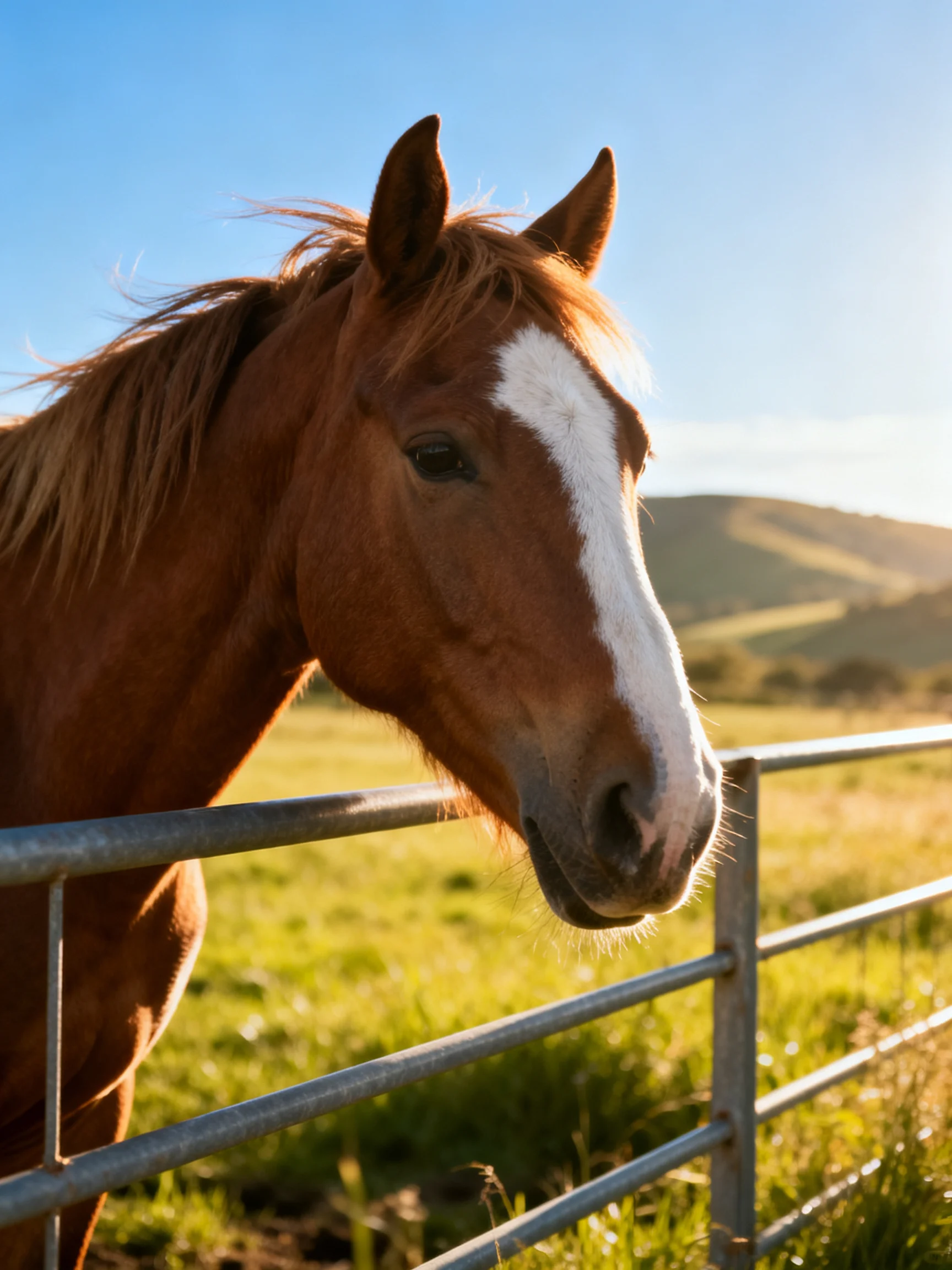 A chestnut horse with a white blaze stands by a metal fence in a sunlit pasture