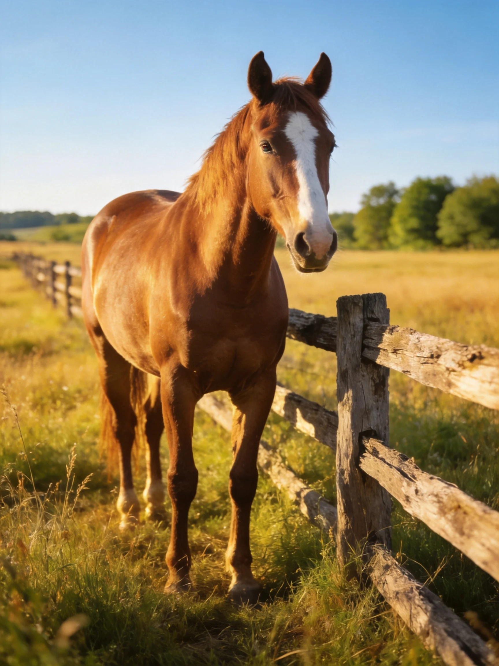 A chestnut horse with a white blaze stands near a wooden fence in a sunlit field