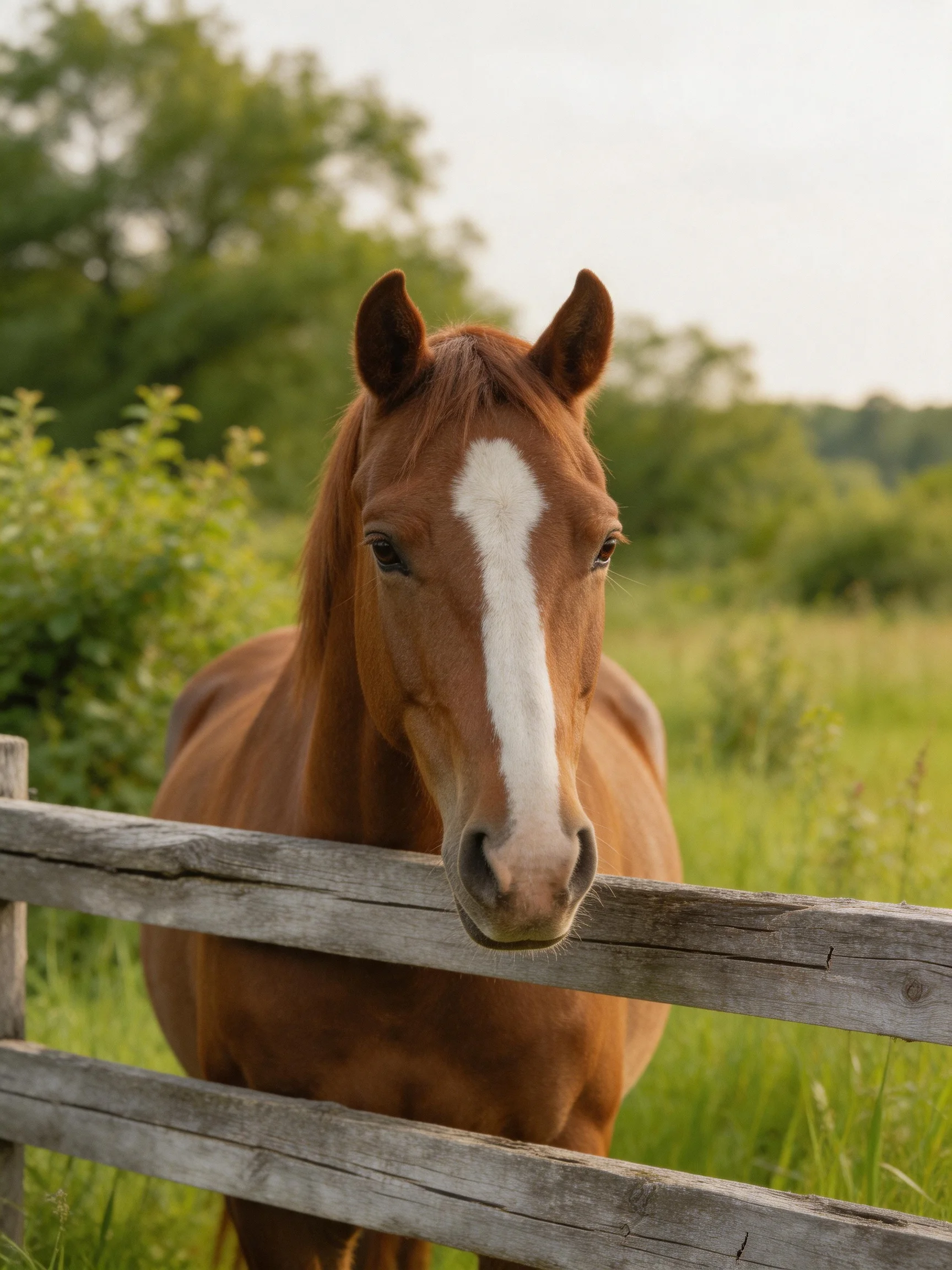 A chestnut horse with a white blaze stands near a wooden fence in a green landscape.