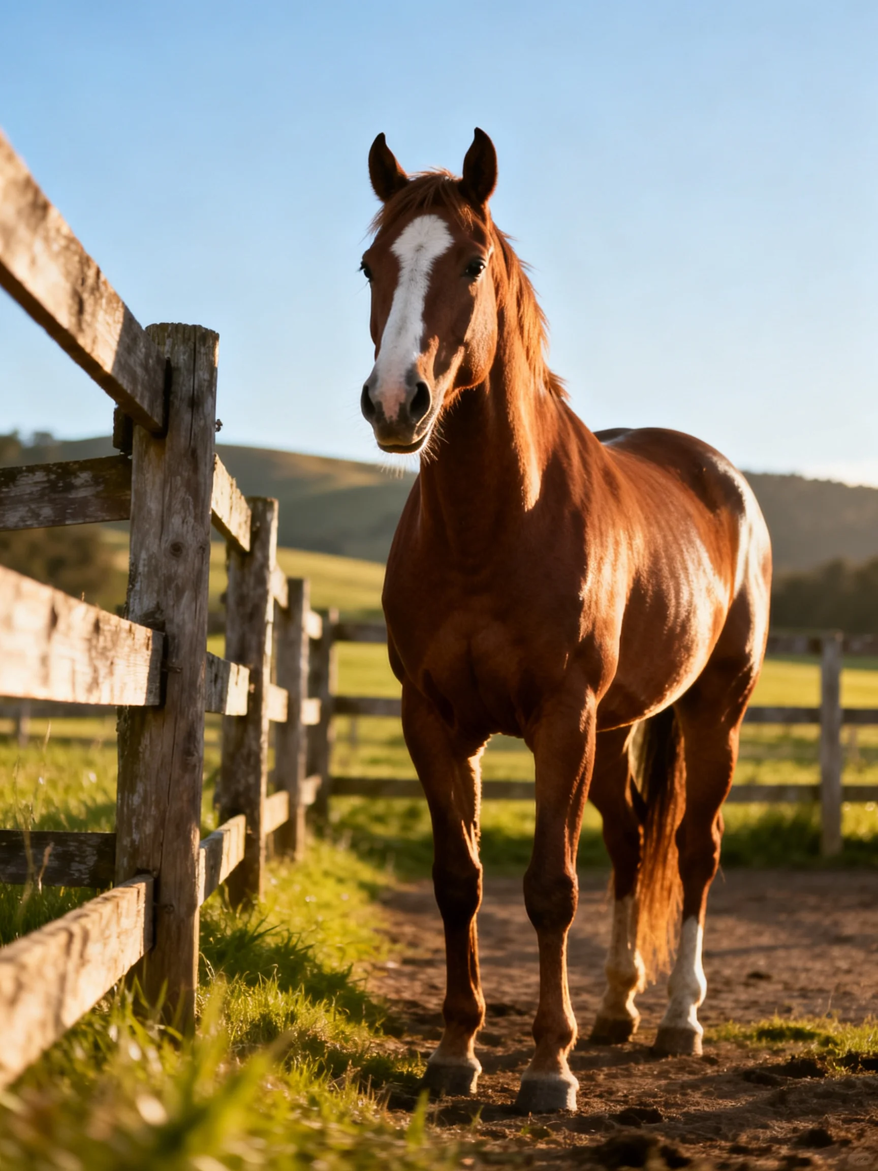 A chestnut horse with a white blaze stands by a weathered wooden fence