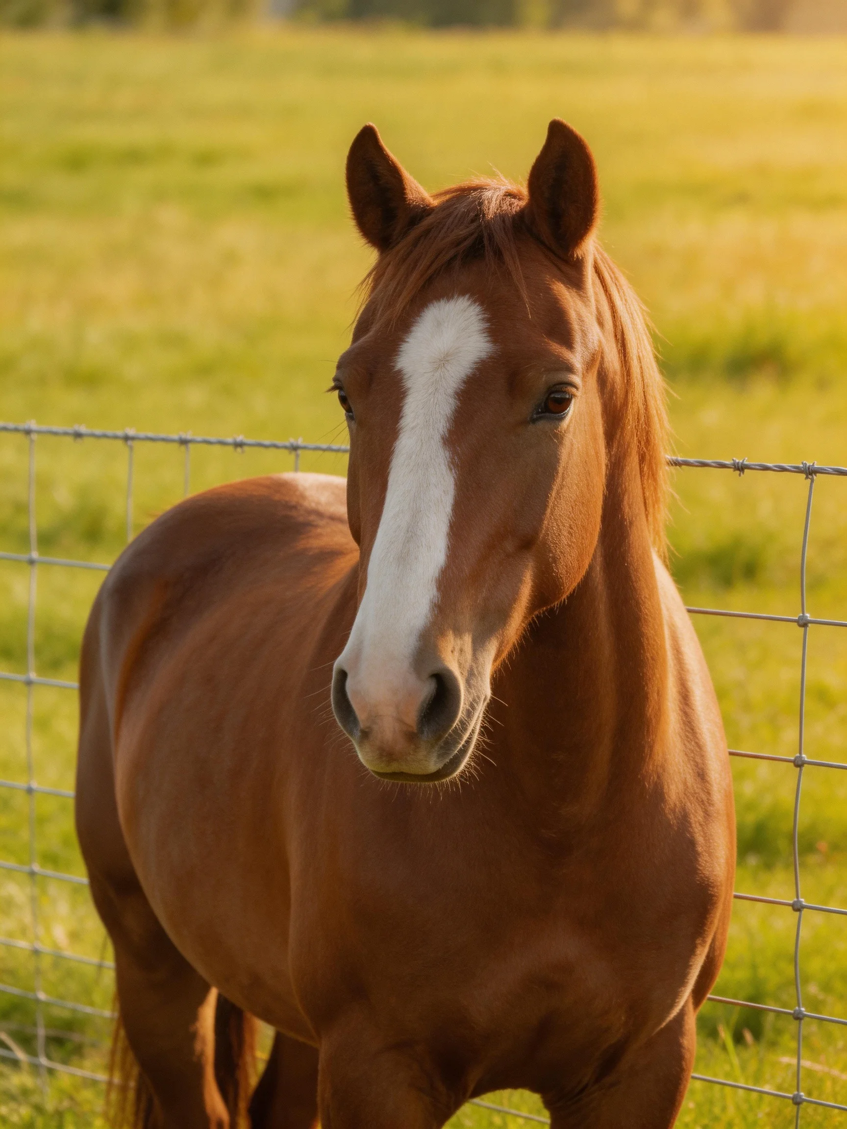 A chestnut horse with a white blaze stands near a wire fence in a sunlit meadow.