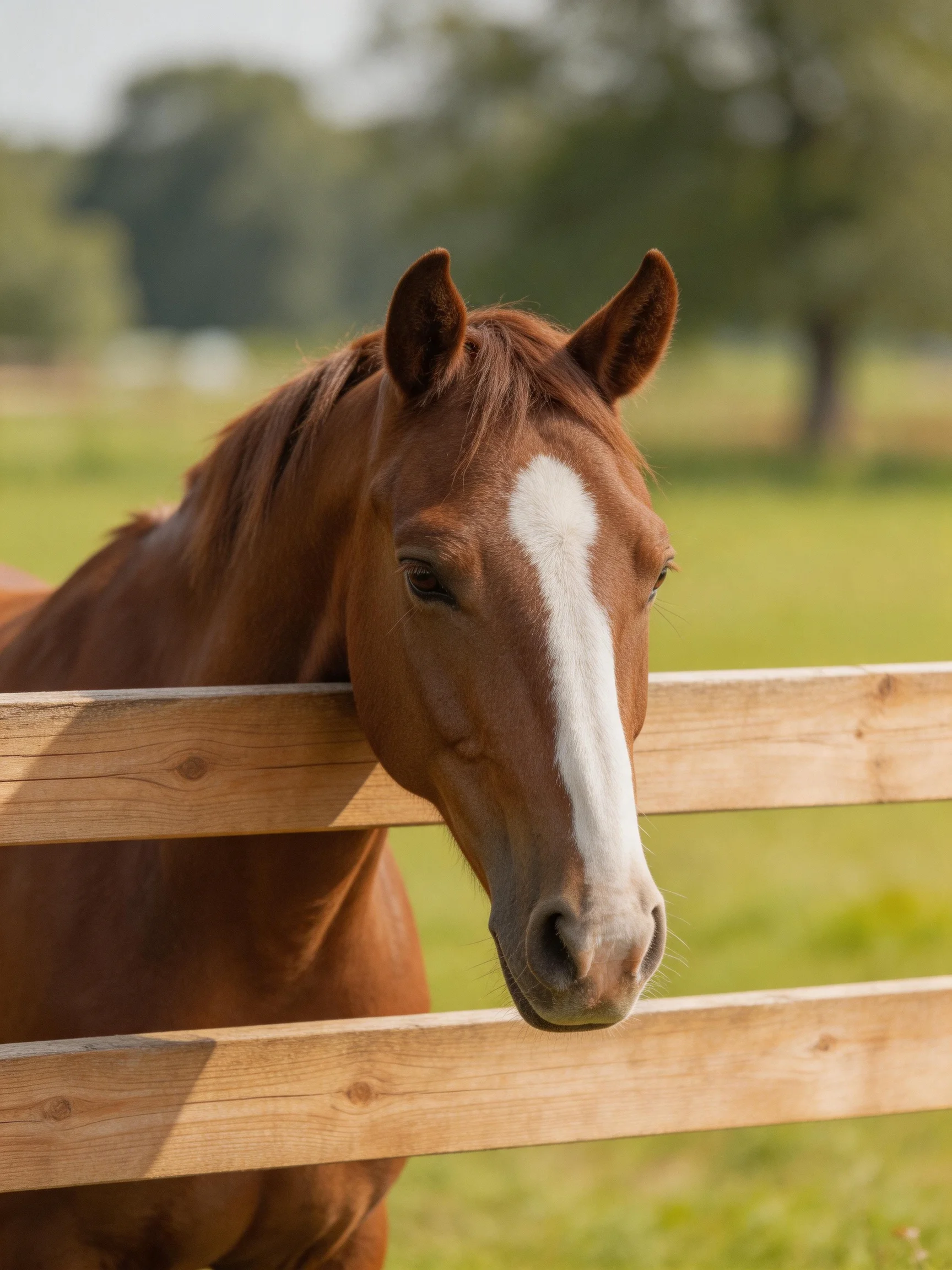 A chestnut horse with a white facial marking leans against a wooden fence in an open field.