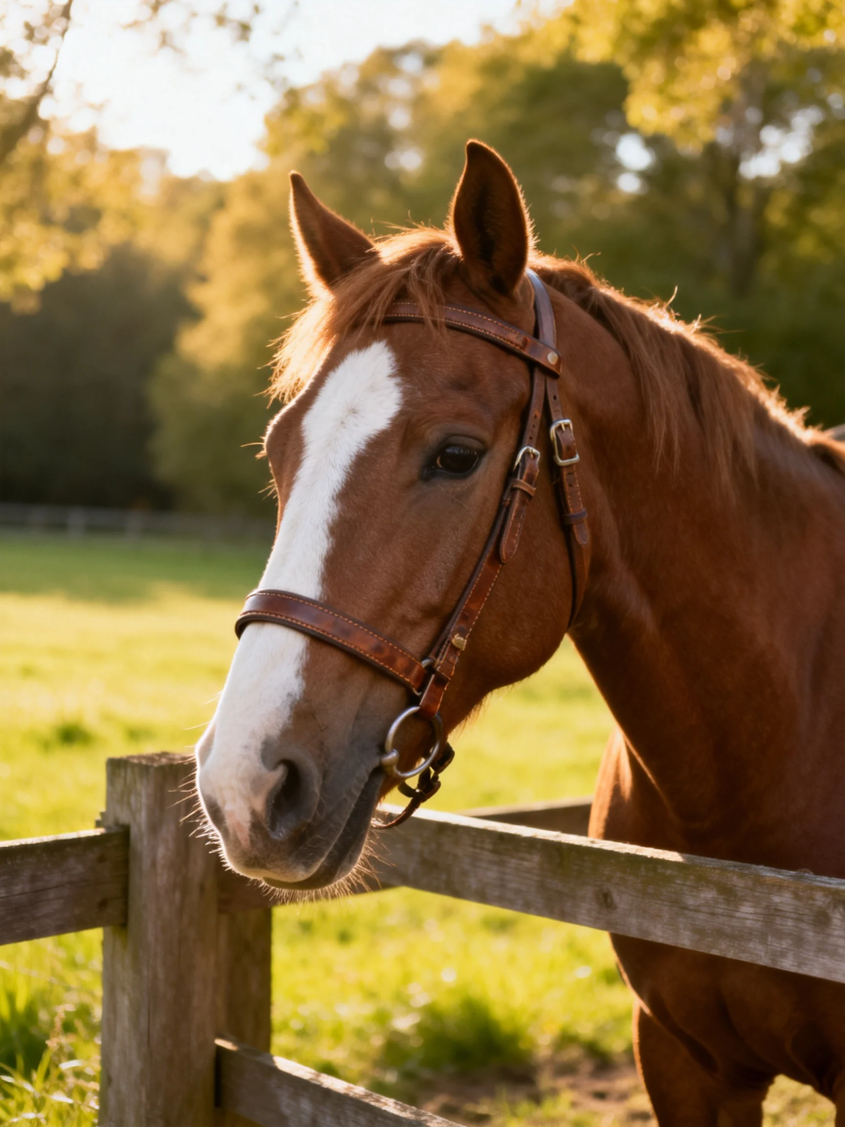A chestnut horse with a white blaze stands near a wooden fence in a sunlit pasture.