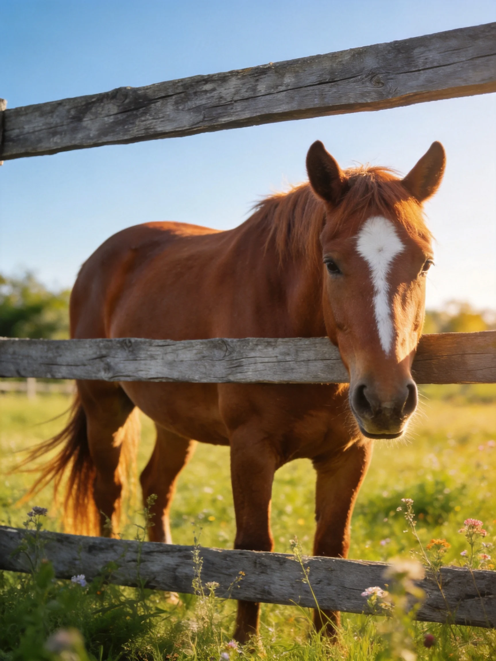 A chestnut horse with a white blaze stands near an old wooden fence in a sunlit meadow.