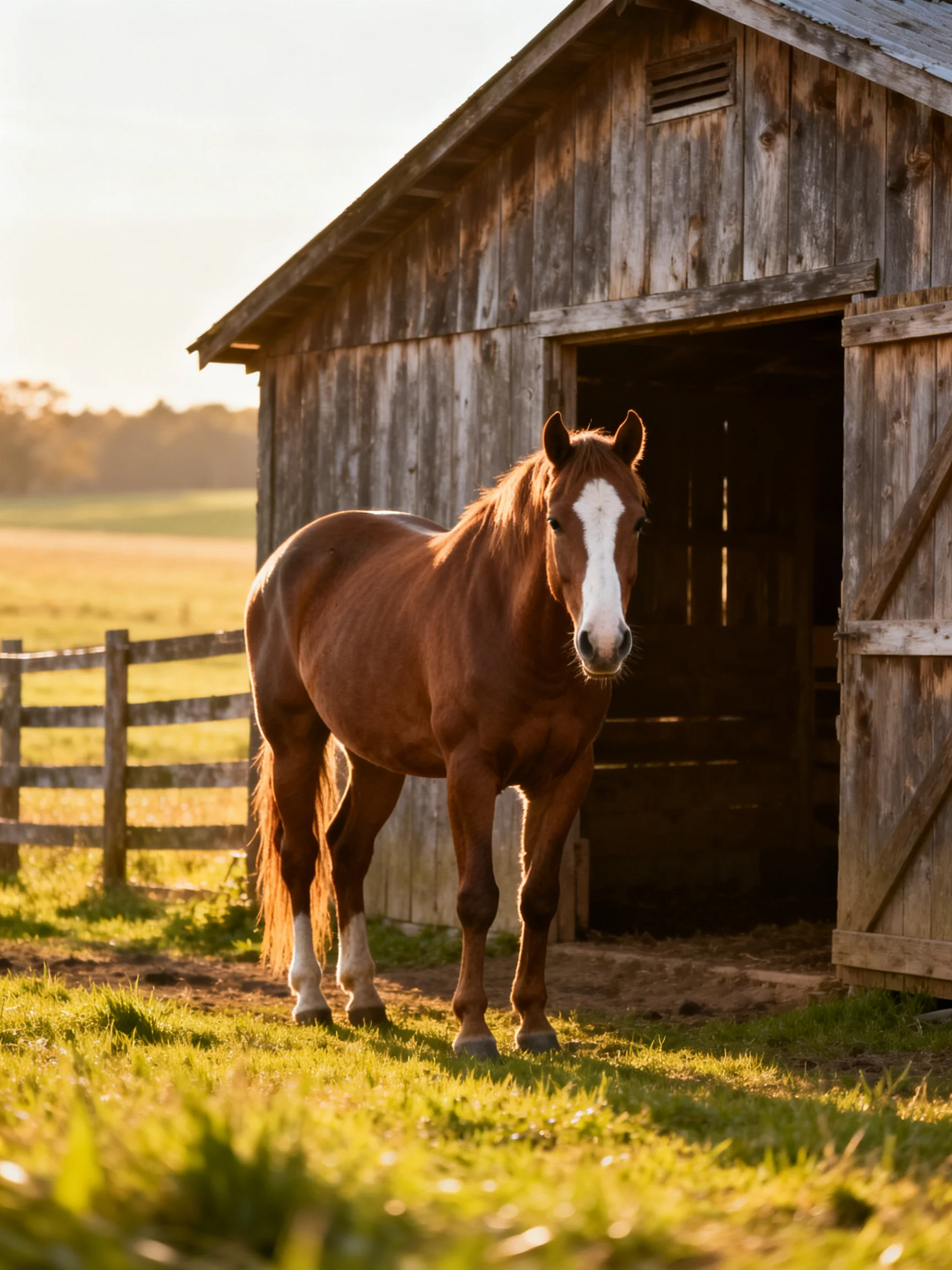 A chestnut horse with a white blaze stands near an old wooden barn.