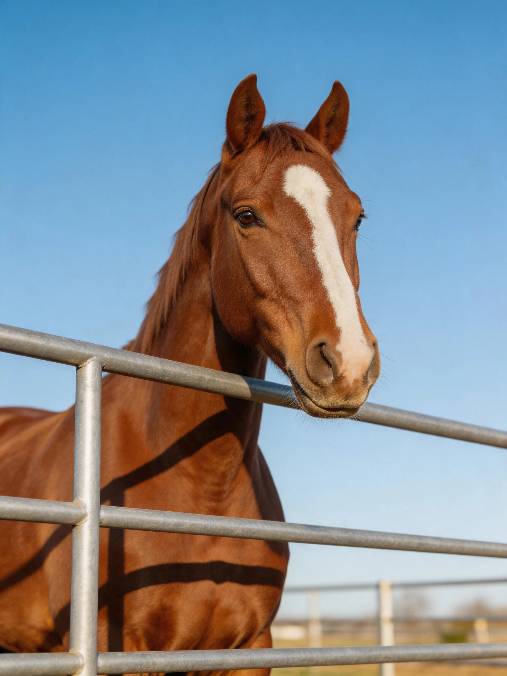 A chestnut horse with a white blaze stands near metal fencing under a clear sky.