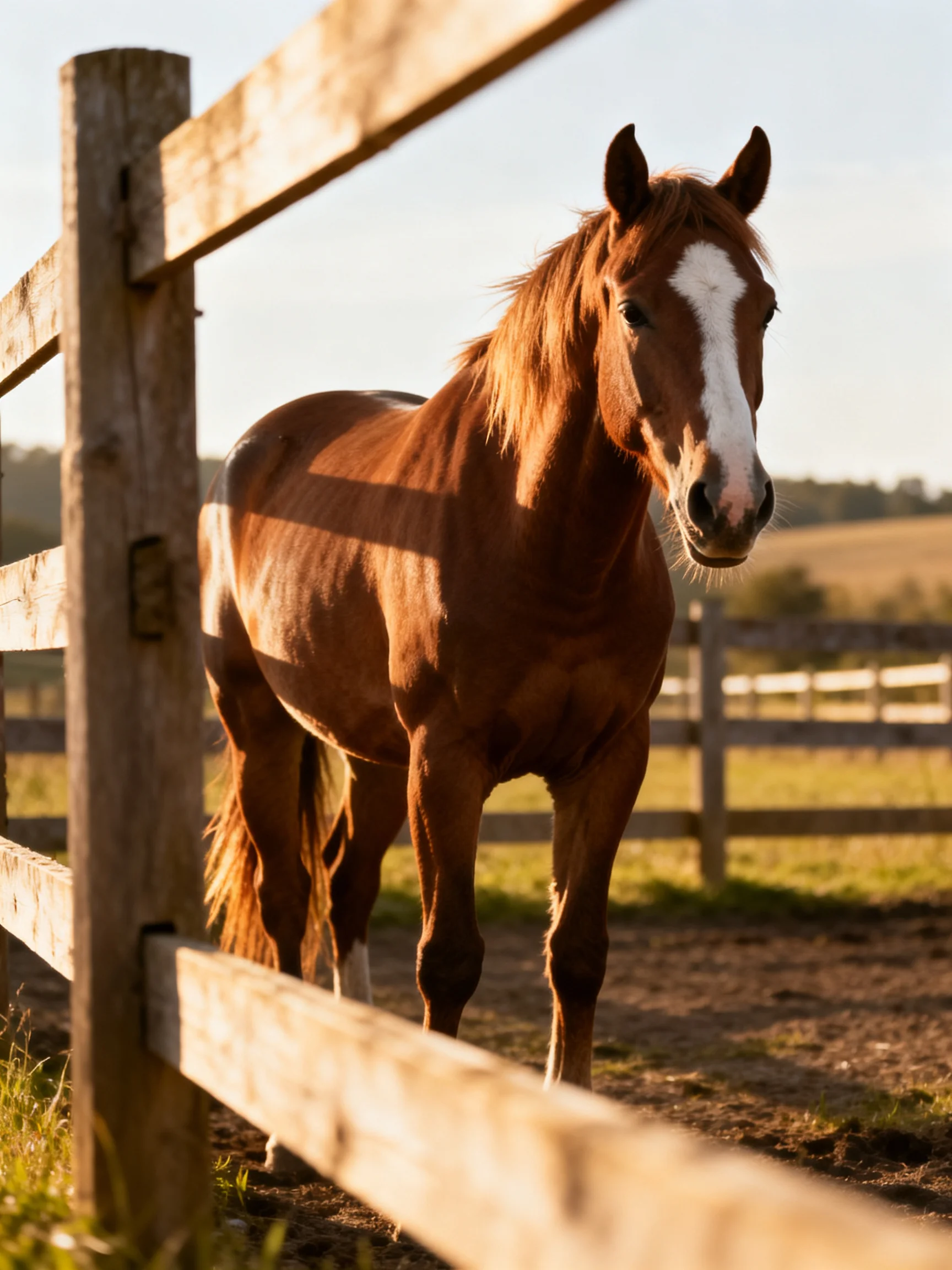 A chestnut horse with a white blaze stands by weathered wooden fences