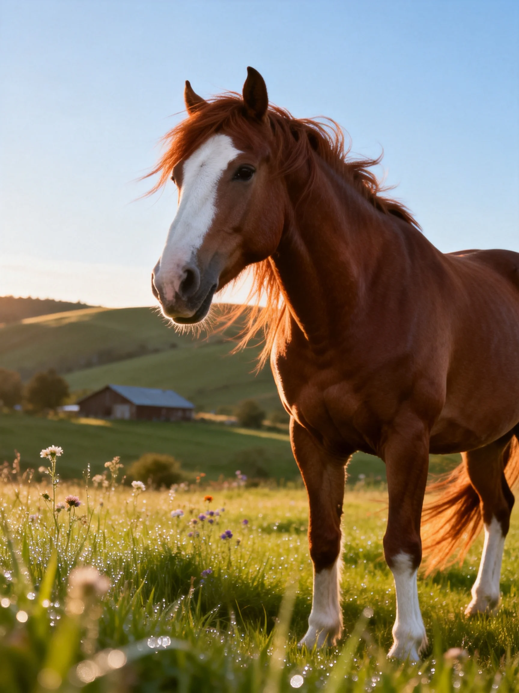 A chestnut horse with a white blaze stands in a dewy meadow with rolling hills