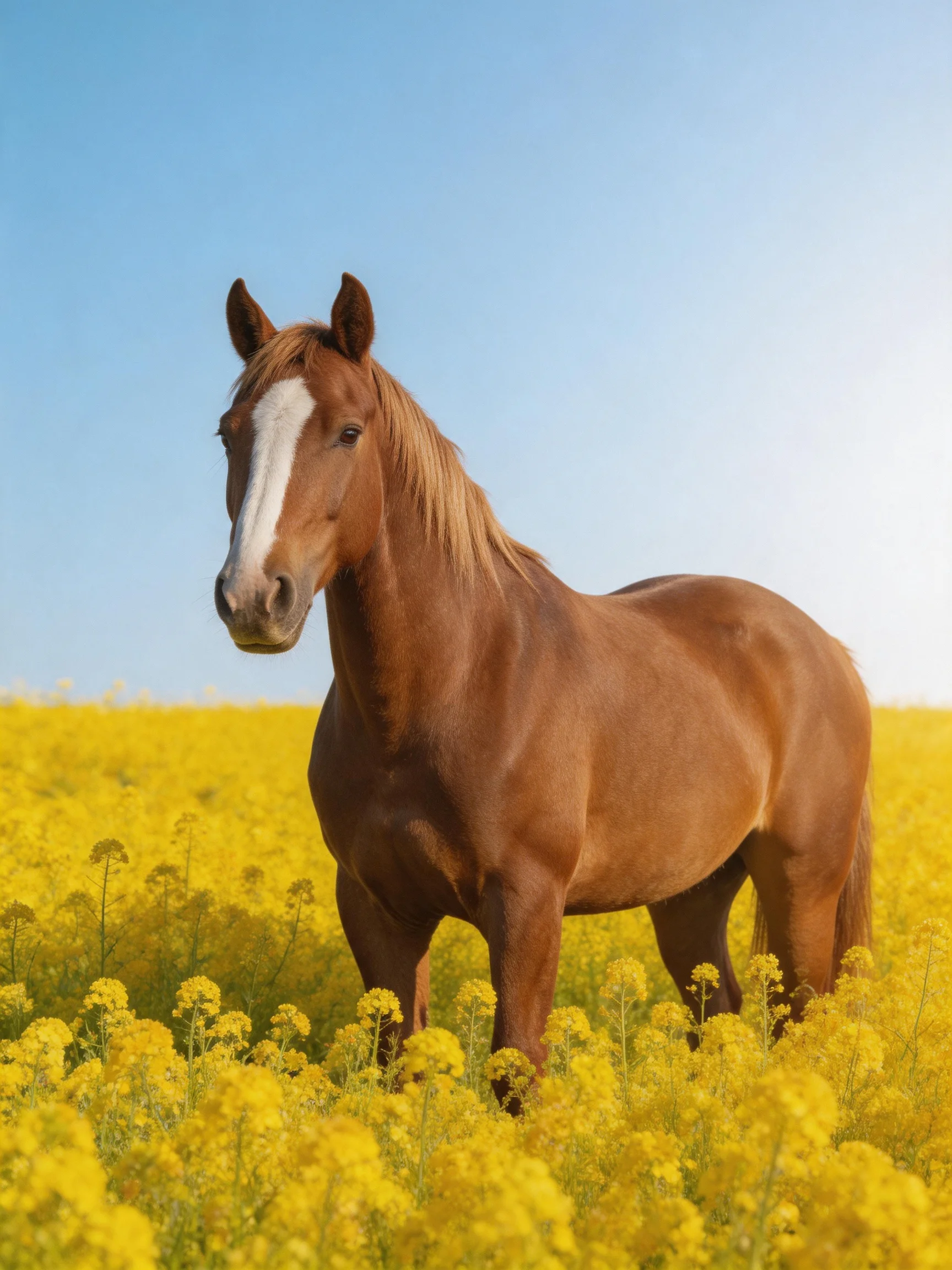 A chestnut horse with a white blaze stands in a field of yellow flowers under blue sky
