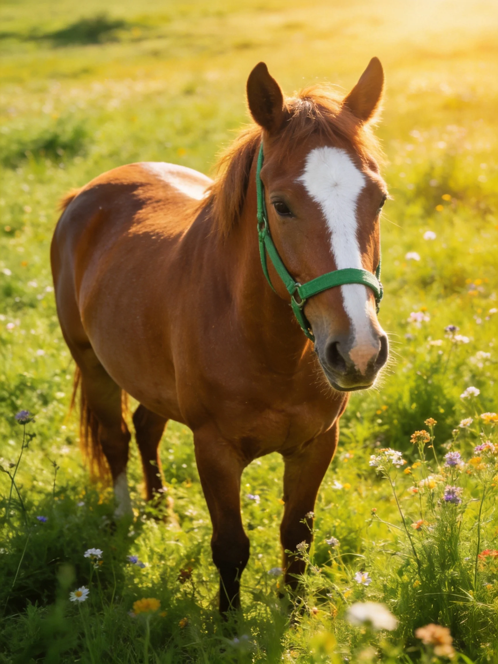A chestnut horse with a white blaze stands in a flower - filled meadow