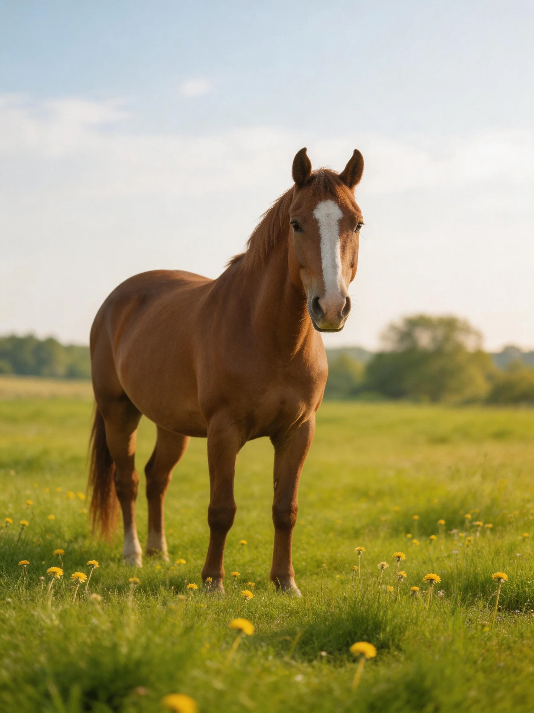 A chestnut horse with a white blaze stands in a sunlit meadow with yellow flowers
