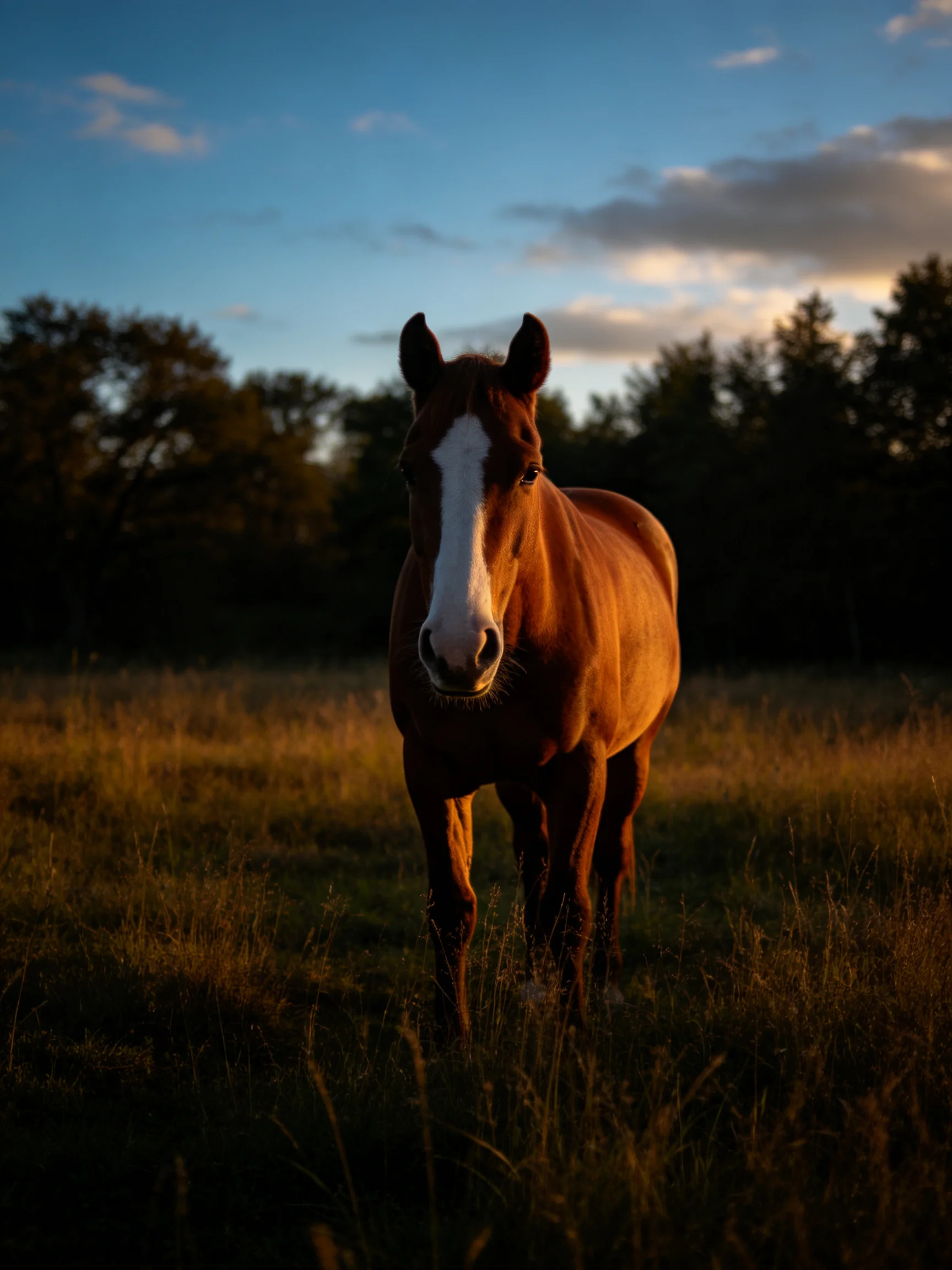 A horse with a white blaze stands in a grassy field during twilight.