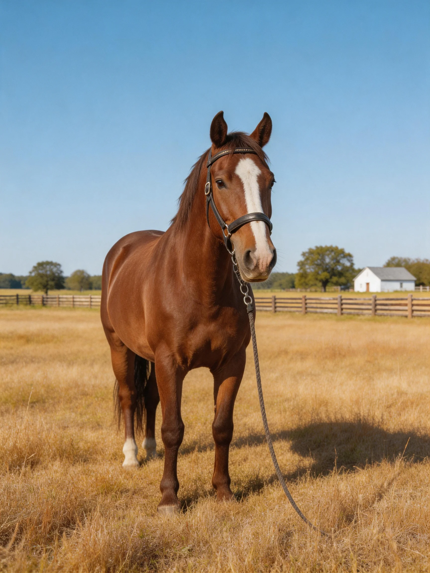A chestnut horse with a white blaze stands in a golden field