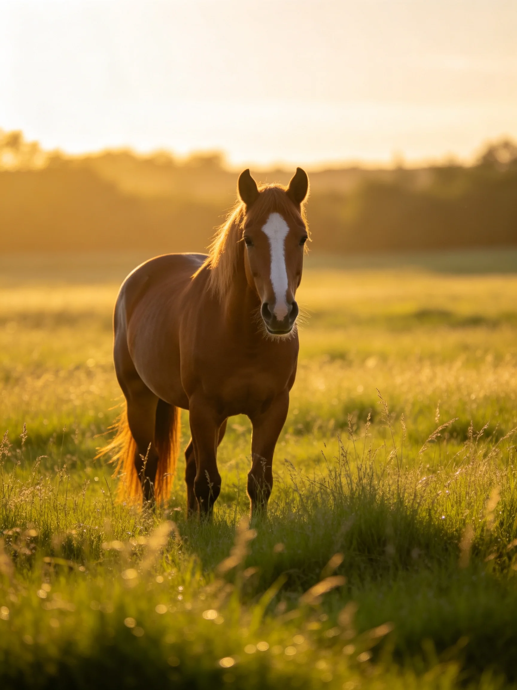 A chestnut horse with a white blaze stands in a golden meadow at sunset