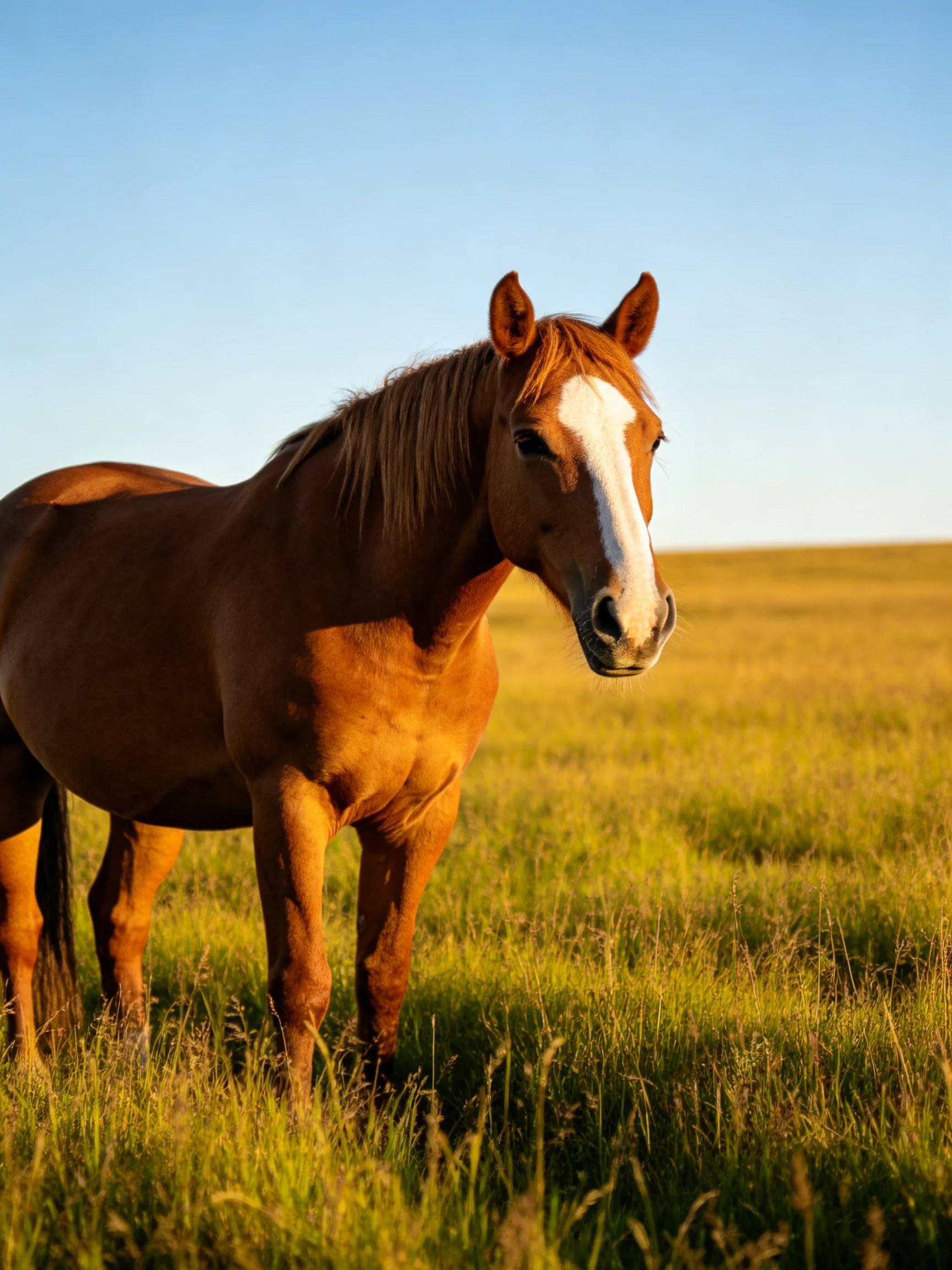 A chestnut horse with a white blaze stands in a golden meadow