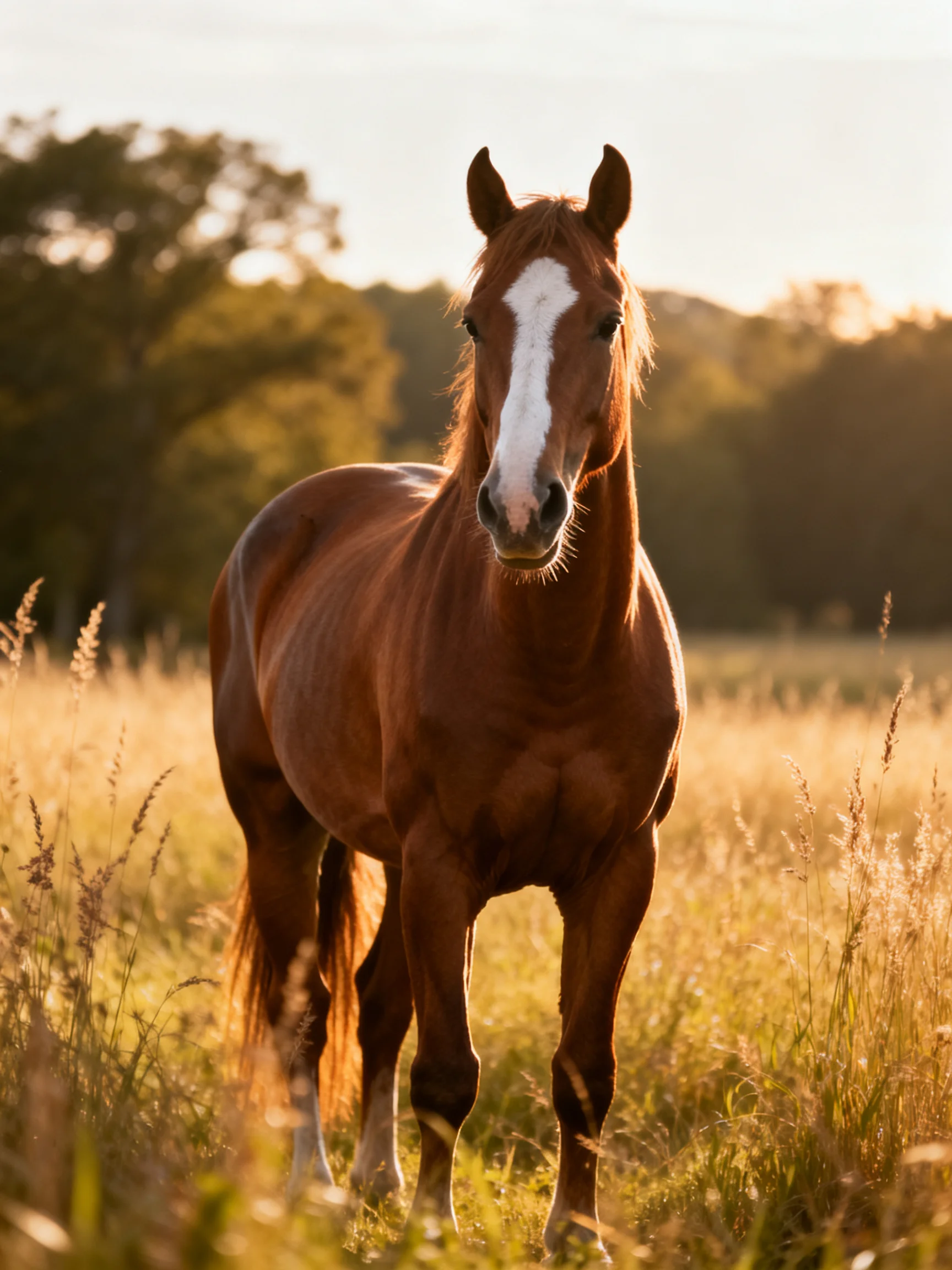 A brown horse with a white stripe stands in a sunlit field