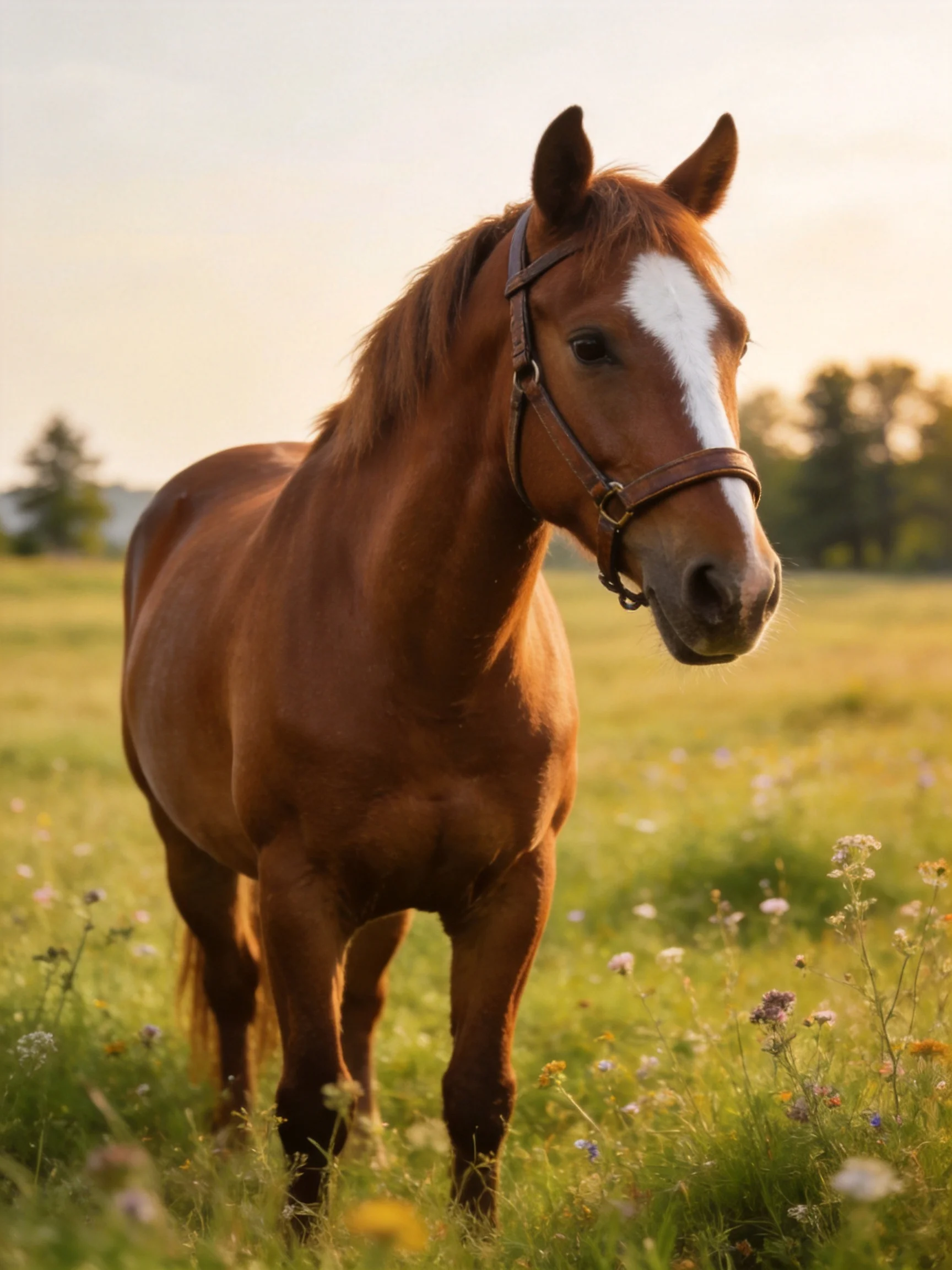 A chestnut horse with a white blaze stands in a sunlit meadow filled with wildflowers